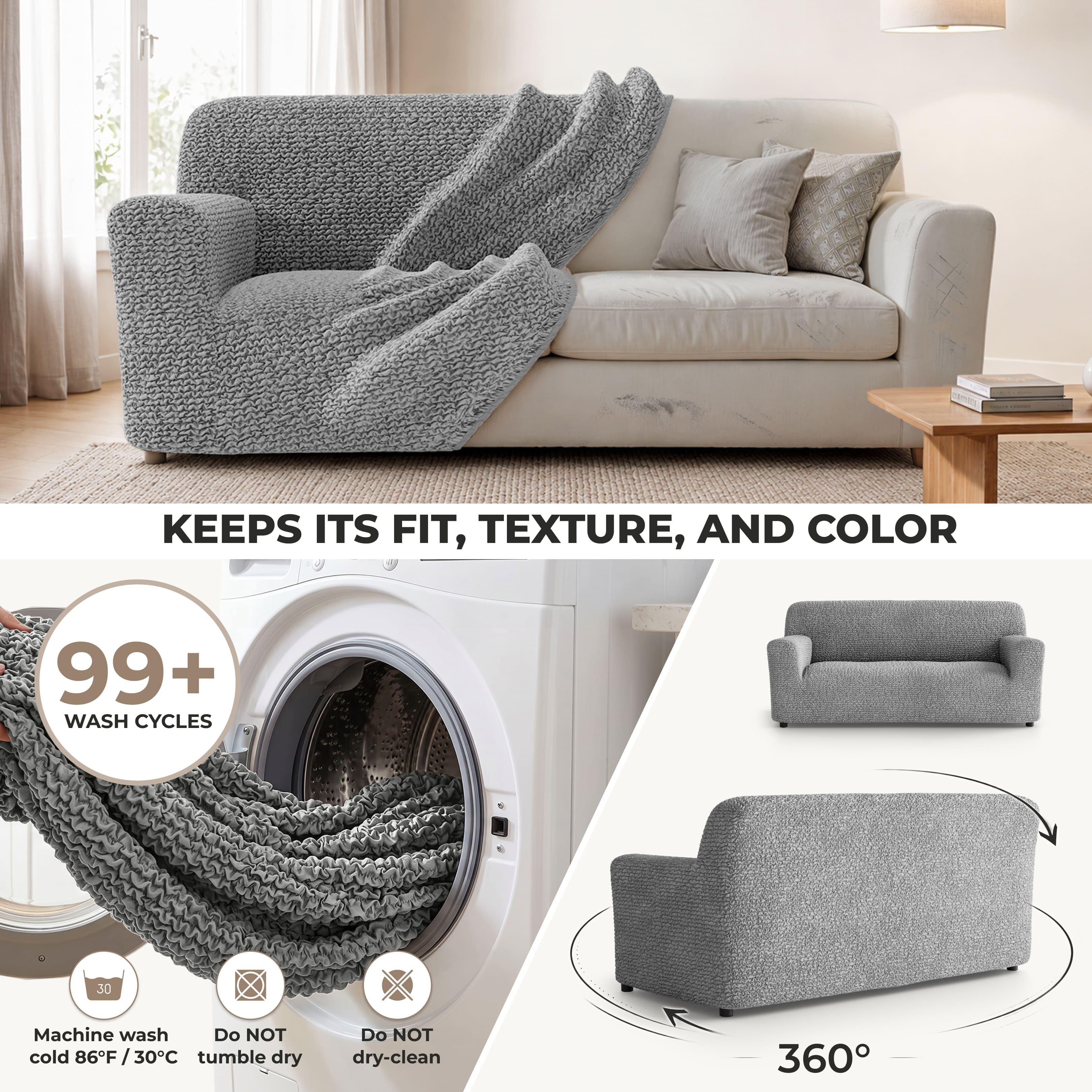 Sofa 3 Seater Slipcover, Comfort Collection – Ash, color swatch | Ash