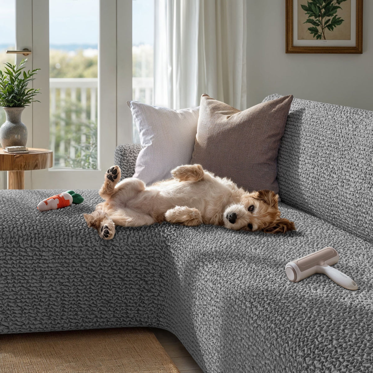 L-Shaped Sofa Slipcover (Left Chaise), Comfort Collection – Ash, interior view with dog | Ash