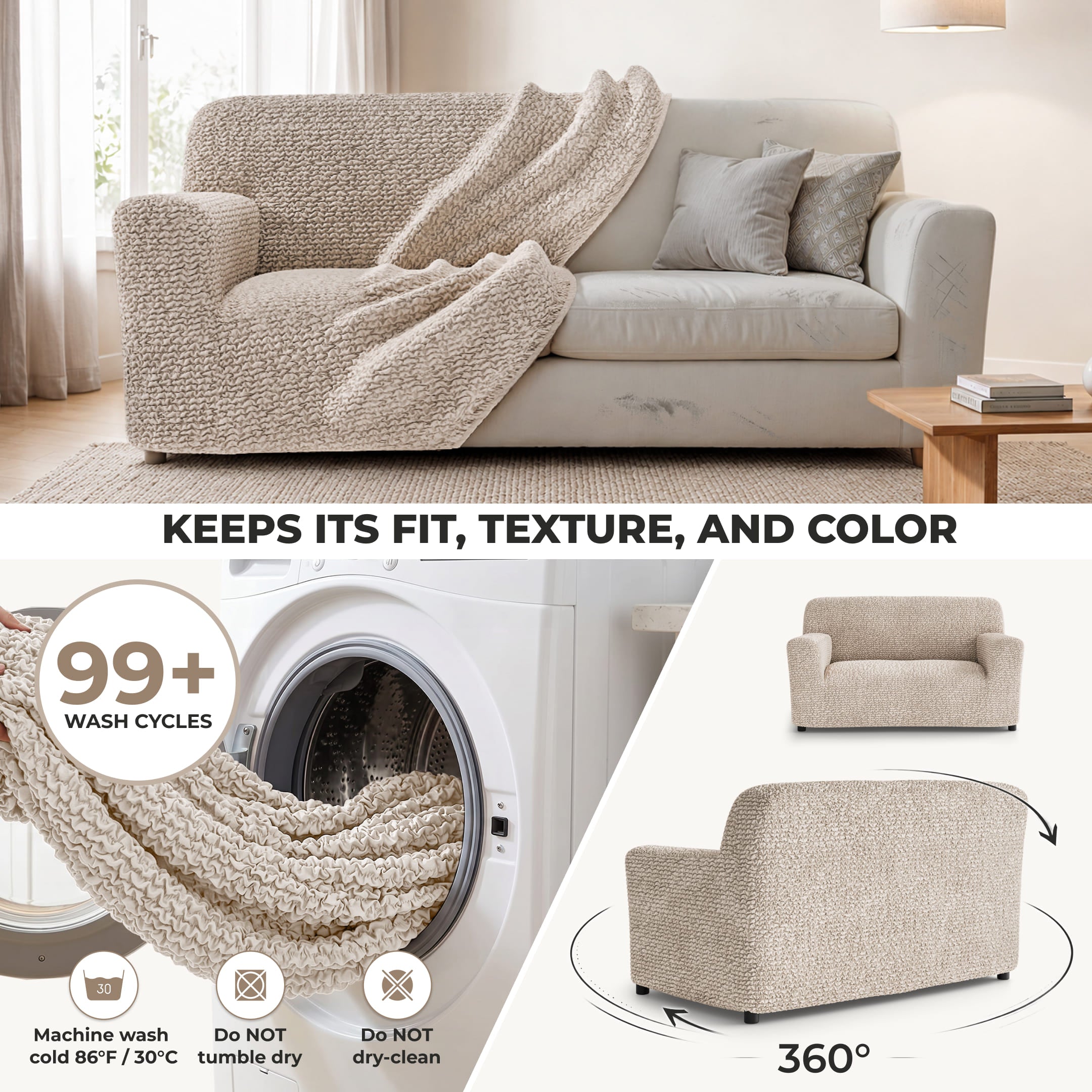 Loveseat 2 Seater Slipcover, Comfort Collection – Macadamia, About it | Macadamia