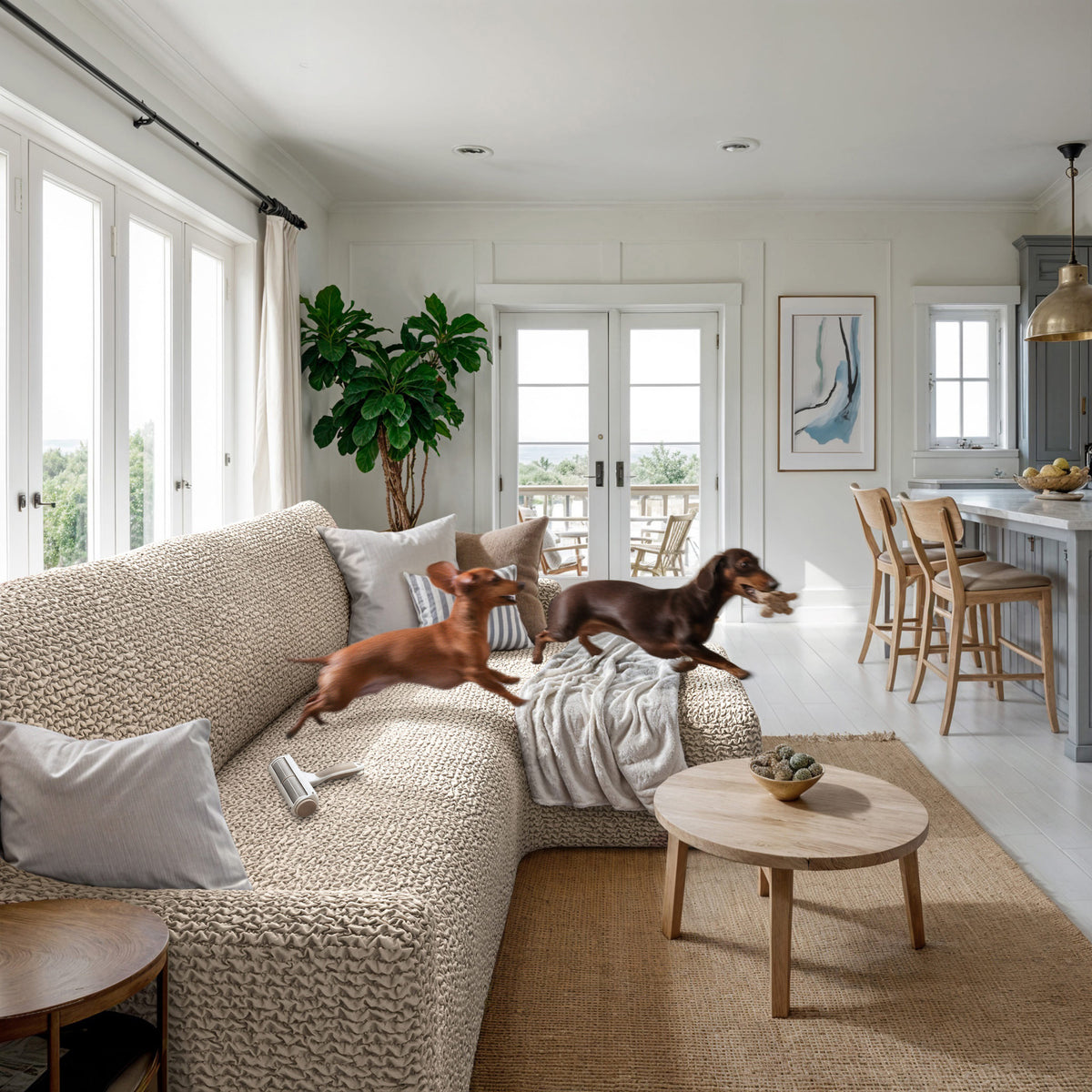 L-Shaped Sofa Slipcover (Right Chaise), Comfort Collection – Macadamia, interior view with dog | Macadamia