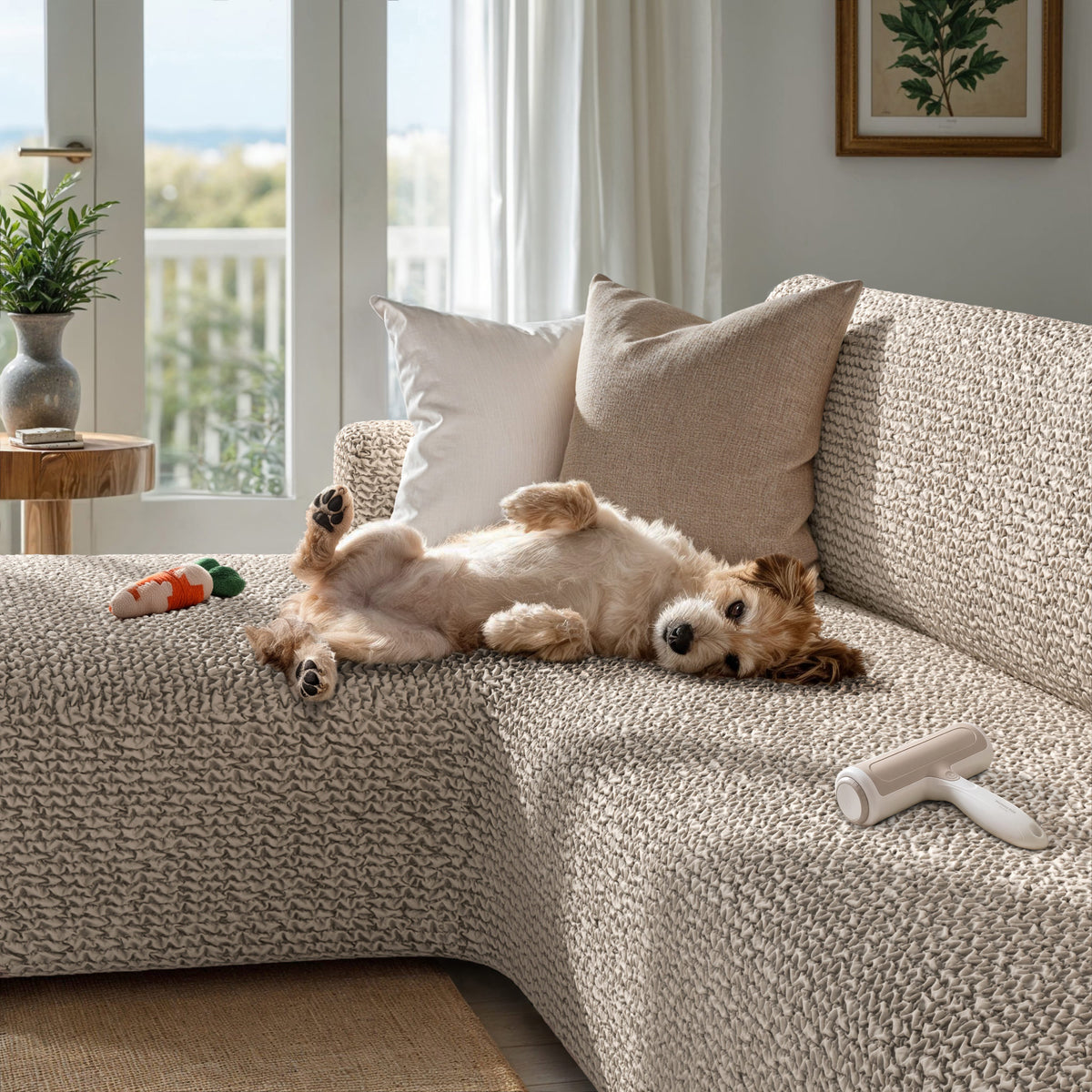 L-Shaped Sofa Slipcover (Left Chaise), Comfort Collection – Macadamia, interior view with dog | Macadamia