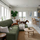 L-Shaped Sofa Slipcover (Right Chaise), Comfort Collection – Moss Green, interior view with dog | Moss Green