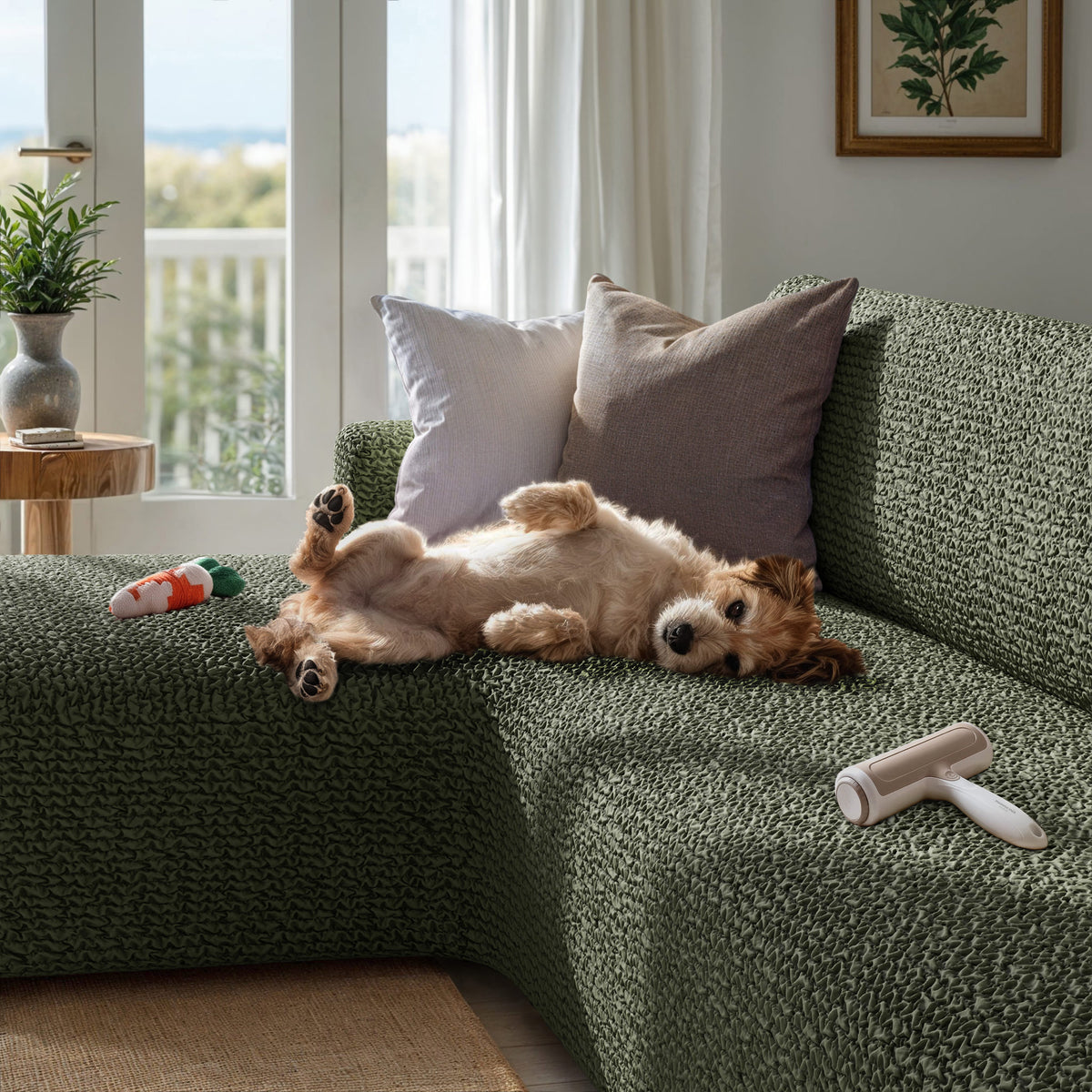L-Shaped Sofa Slipcover (Left Chaise), Comfort Collection – Moss Green, interior view with dog | Moss Green
