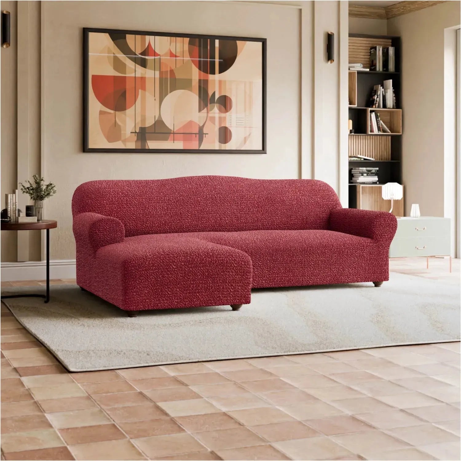 Burgundy L-Shaped Sofa Slipcover (Left Chaise), Mille Righe Collection