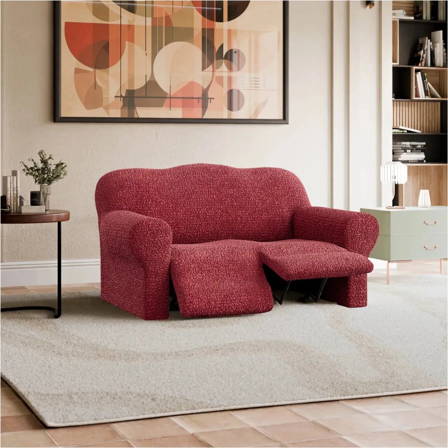 Burgundy 2 Seater Recliner Slipcover, Mille Righe Collection