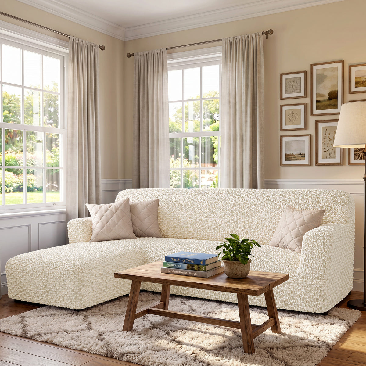 L-Shaped Sofa Slipcover (Left Chaise), Embrace Collection – Cream, interior view 1 | Cream