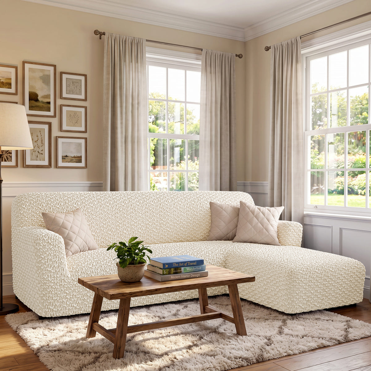 L-Shaped Sofa Slipcover (Right Chaise), Embrace Collection – Cream, interior view 1 | Cream