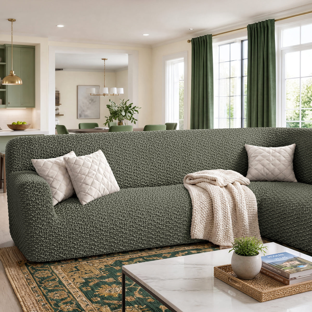 Corner Sofa Slipcover, Embrace Collection – Moss Green, interior view 2 | Moss Green
