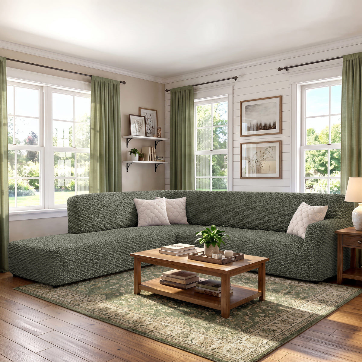 Fullback Support Sectional Sofa Slipcover (Left Chaise), Embrace Collection – Moss Green, interior view 1 | Moss Green