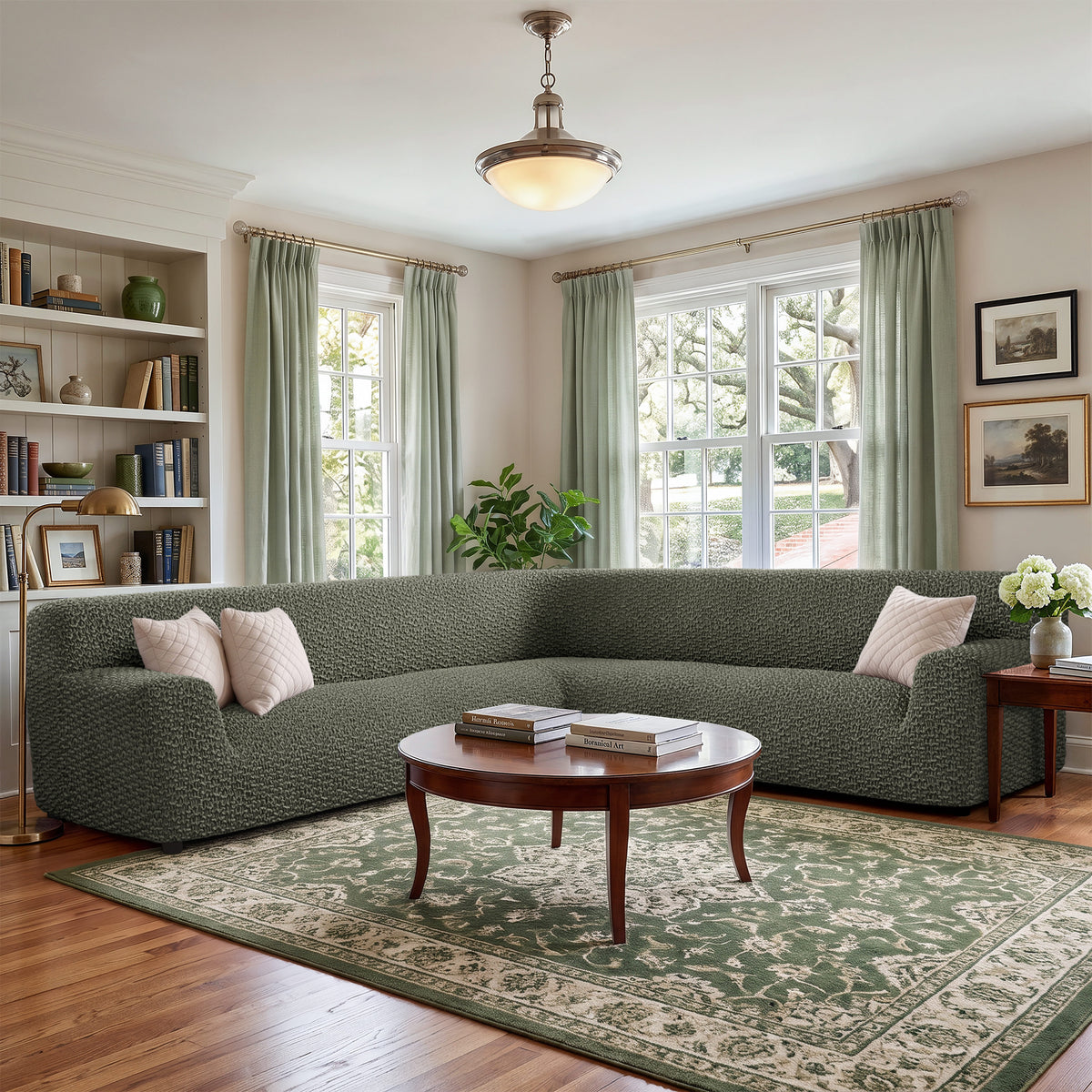 Large Corner Sofa Slipcover, Embrace Collection – Moss Green, interior view 1 | Moss Green