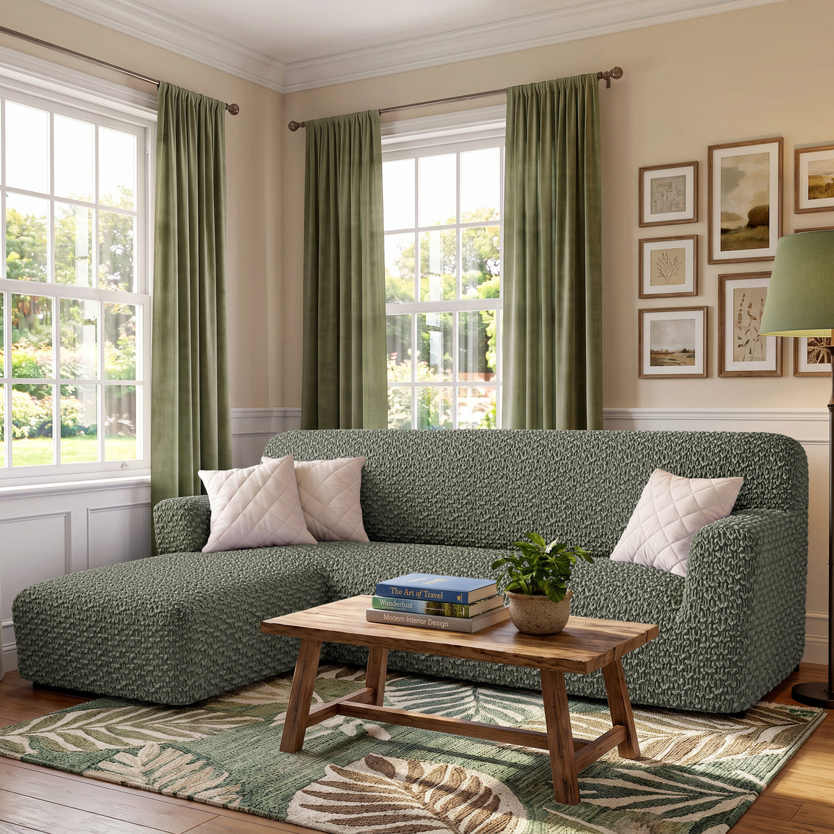 L-Shaped Sofa Slipcover (Left Chaise), Embrace Collection – Moss Green, interior view 1 | Moss Green