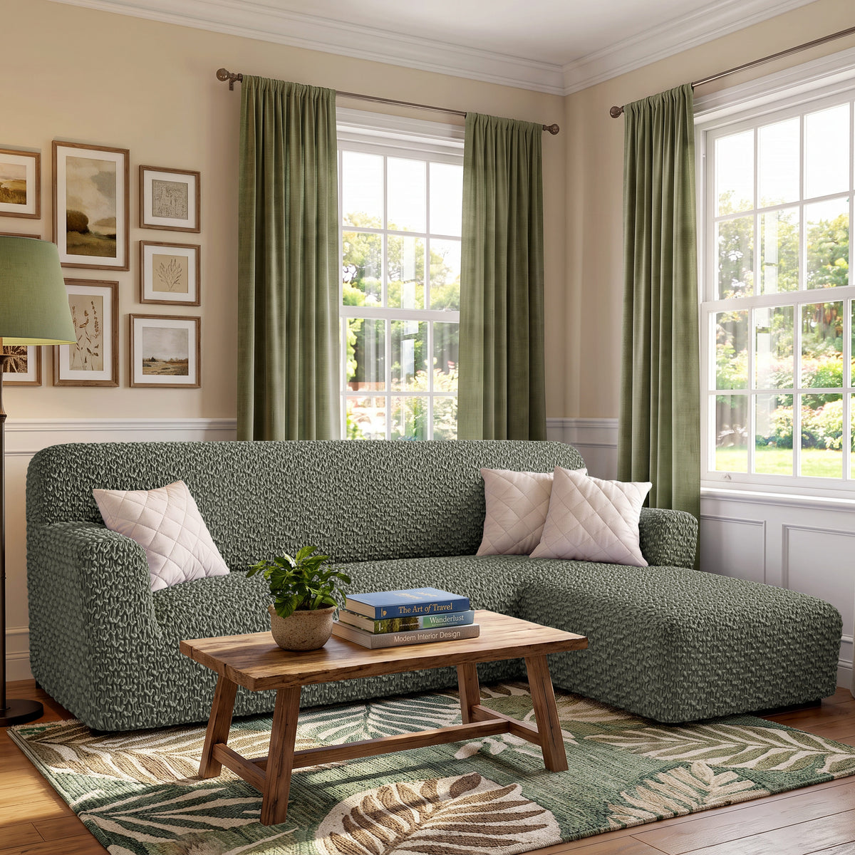 L-Shaped Sofa Slipcover (Right Chaise), Embrace Collection – Moss Green, interior view 1 | Moss Green