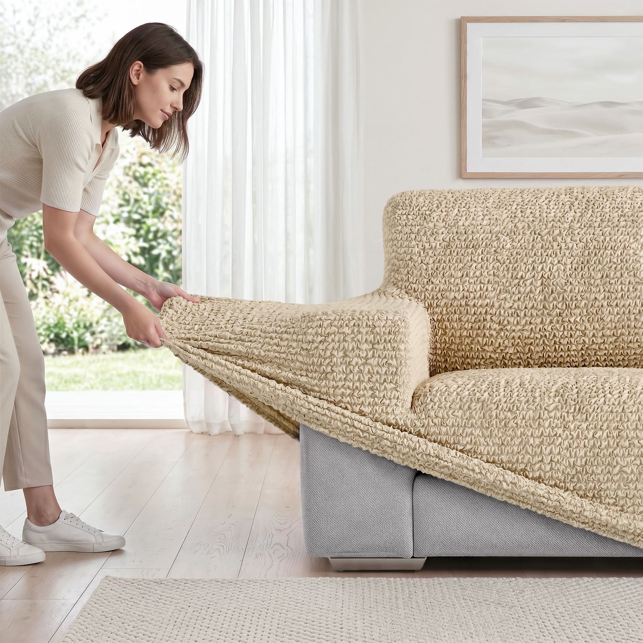 Sofa 3 Seater Slipcover, Printed Collection – Mediterra Sandstone, product view | Mediterra Sandstone