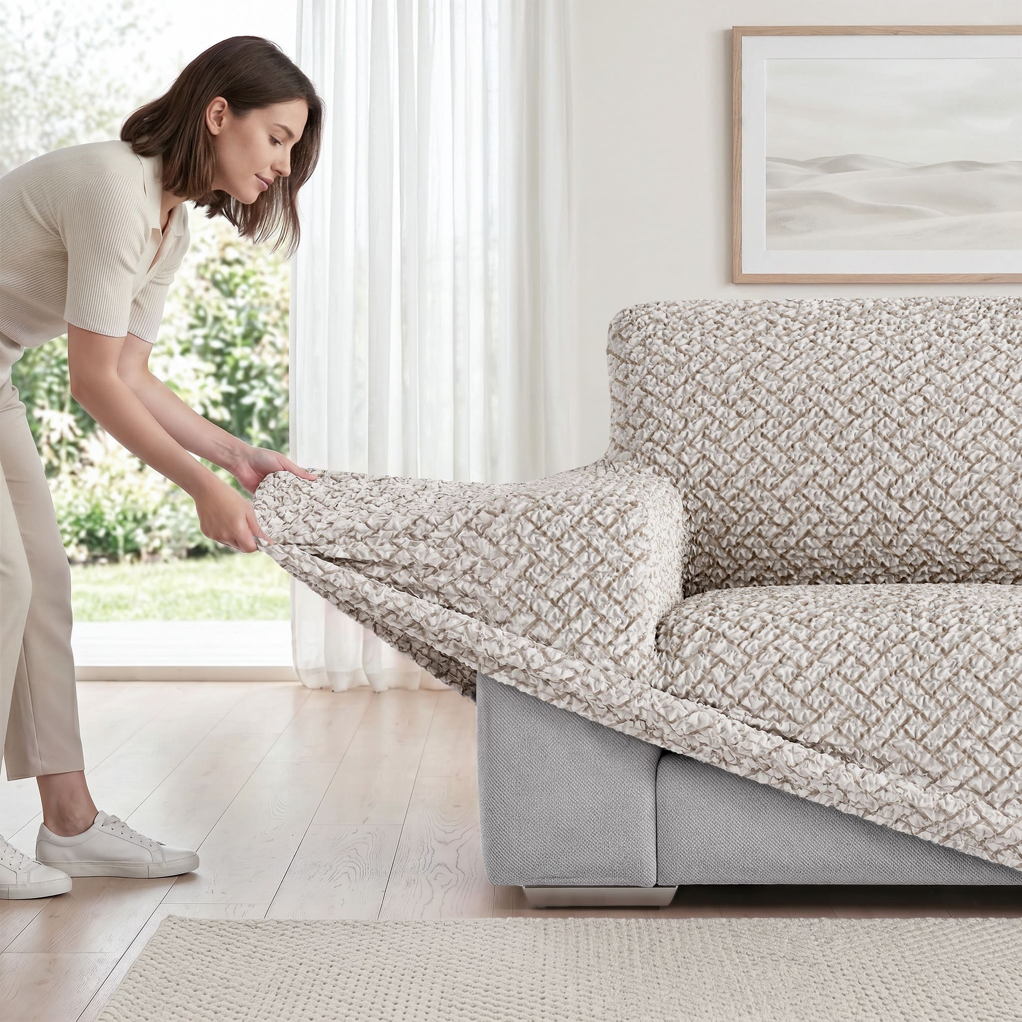 Sofa 3 Seater Slipcover, Printed Collection – Venezia Cream, product view | Venezia Cream
