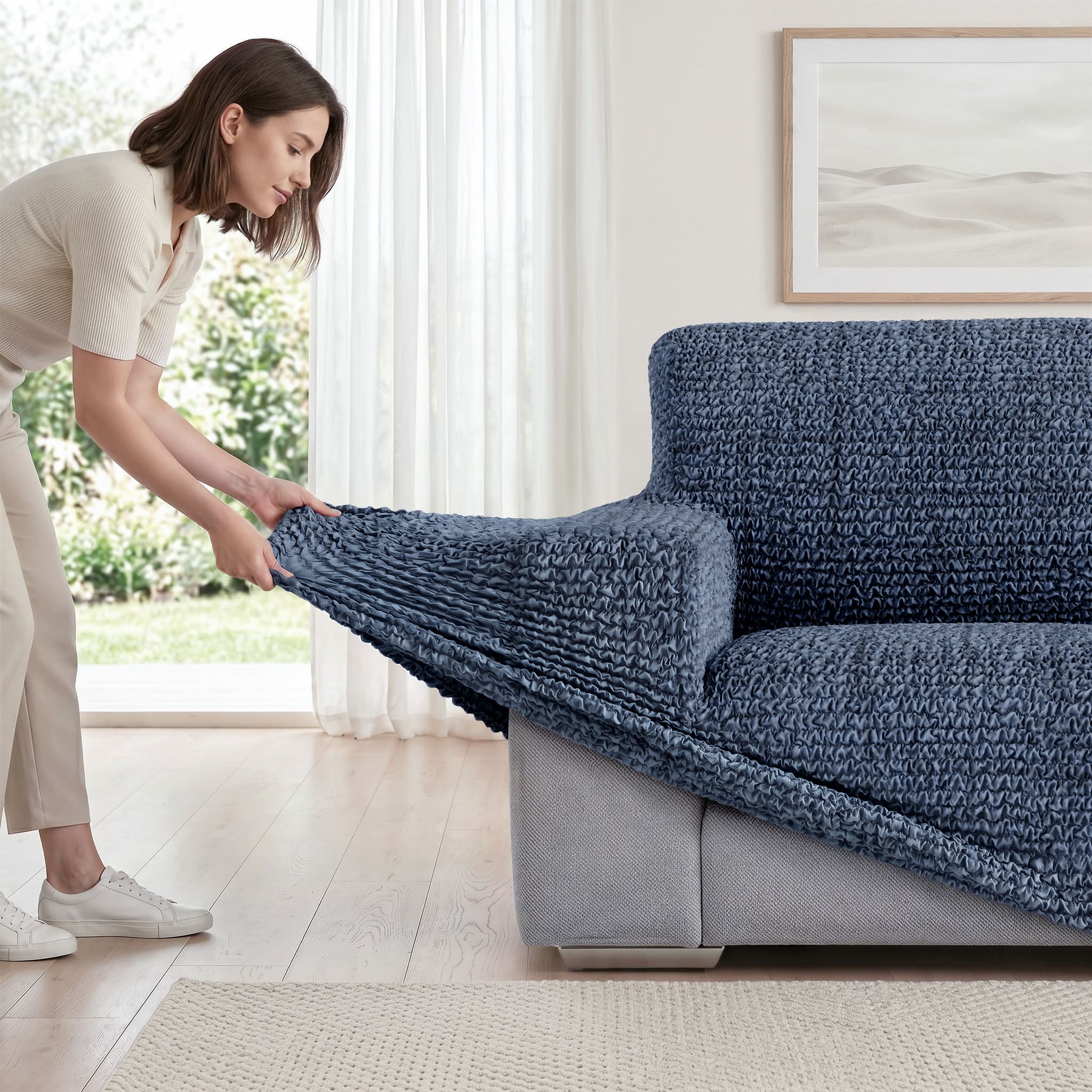 Loveseat 2 Seater Slipcover, Printed Collection – Vittoria Blue, side view | Vittoria Blue