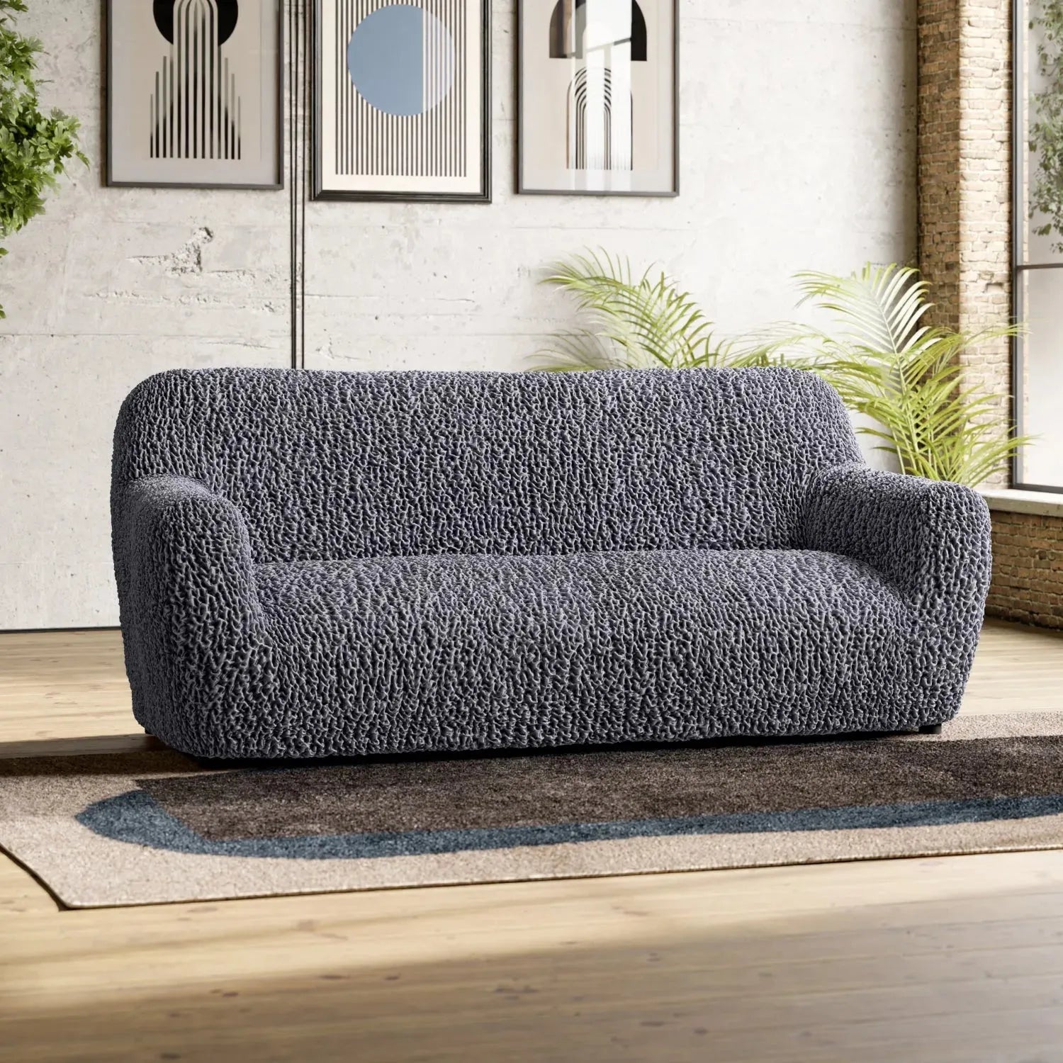 Grey Sofa 3 Seater Slipcover, Goffrato Velvet Collection