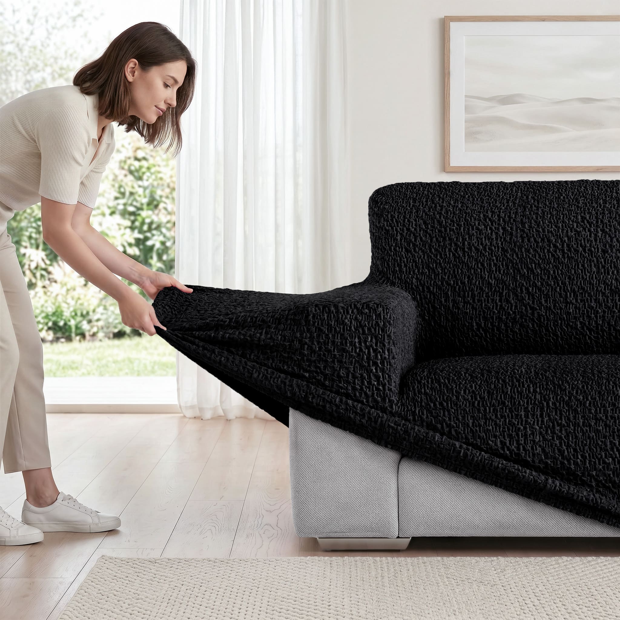 Sofa 3 Seater Slipcover, Velvet Collection – Black, color swatch | Black