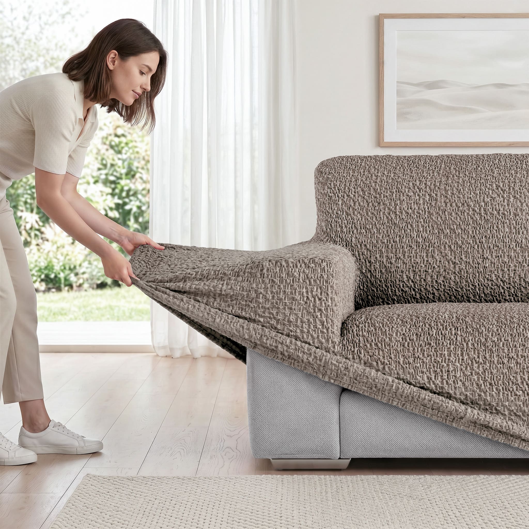 Loveseat 2 Seater Slipcover, Velvet Collection – Brown, lifestyle view | Brown