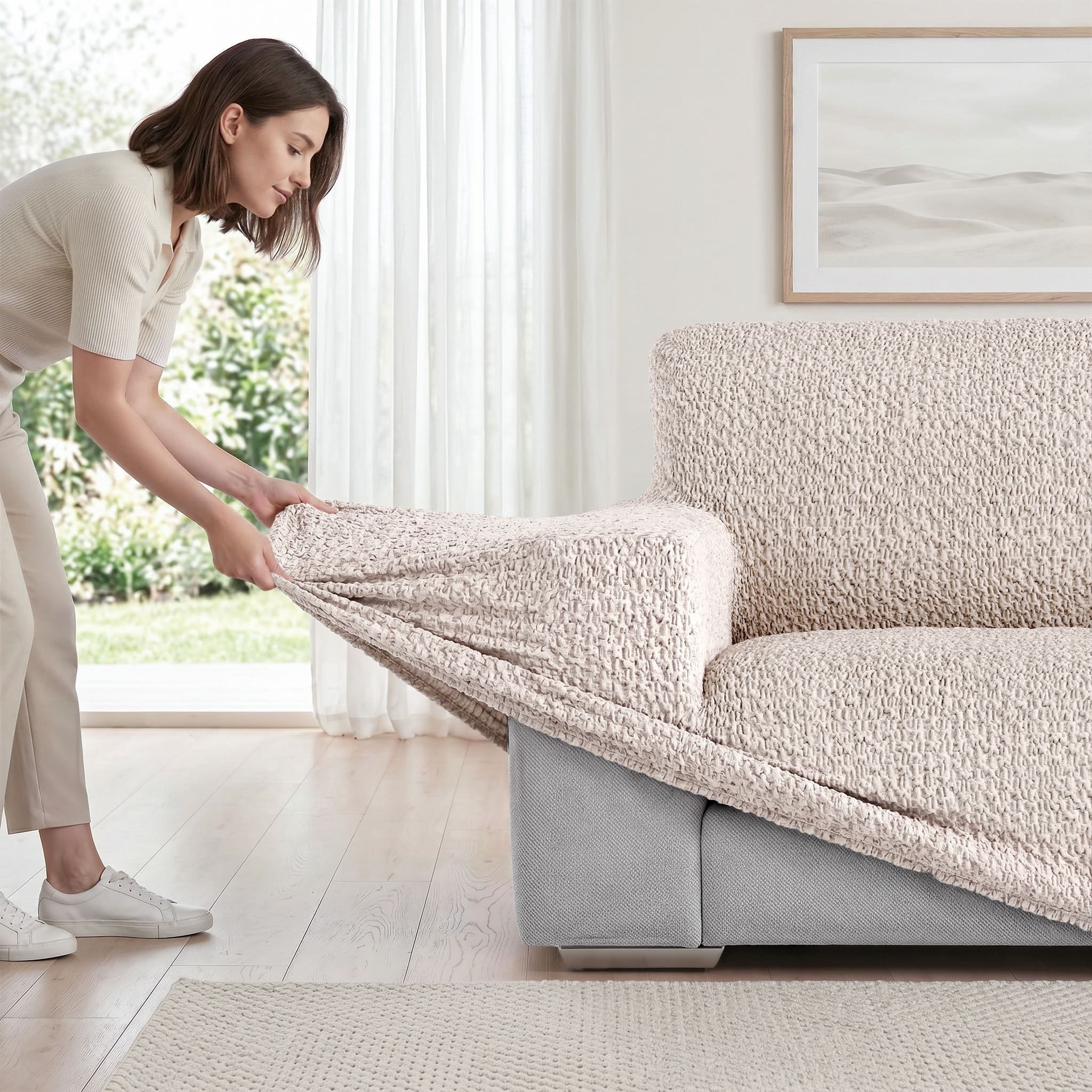 Sofa 3 Seater Slipcover, Velvet Collection – Ivory, color swatch | Ivory