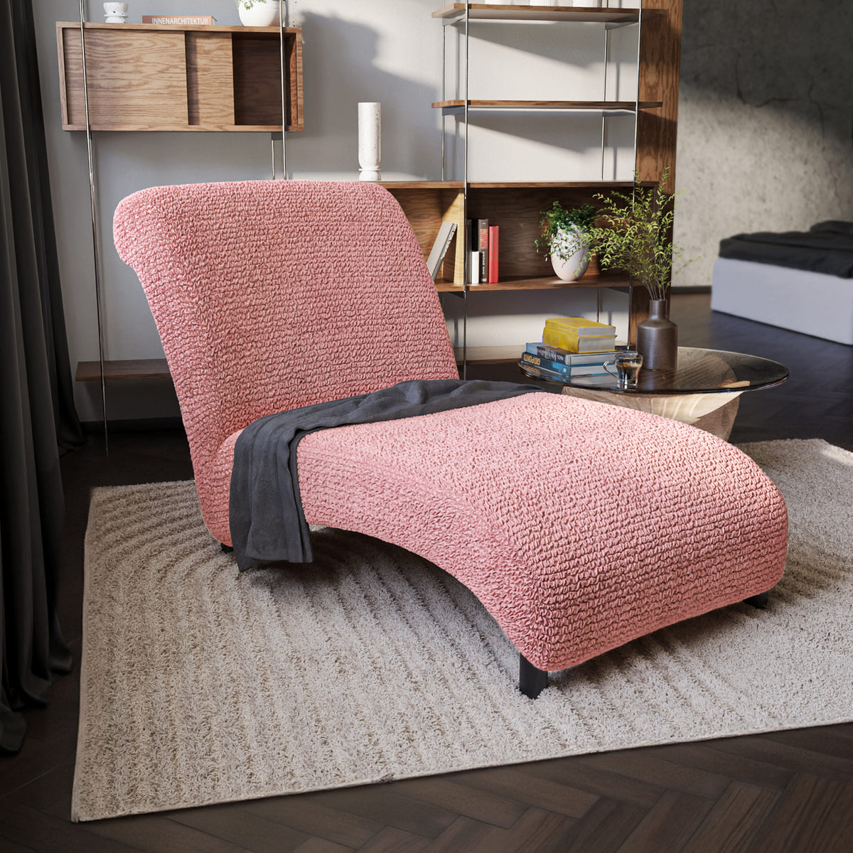 Armless Chaise Lounge Slipcover, Comfort Collection – Coral Pink, interior view 1 | Coral Pink