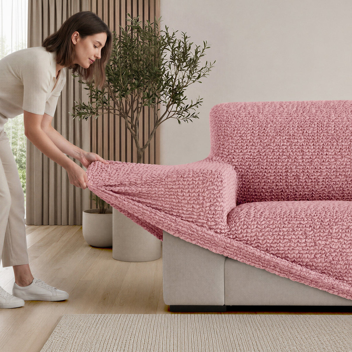 Bed Headboard & Frame Slipcover (Full/Queen), Comfort Collection – Coral Pink, installation view | Coral Pink