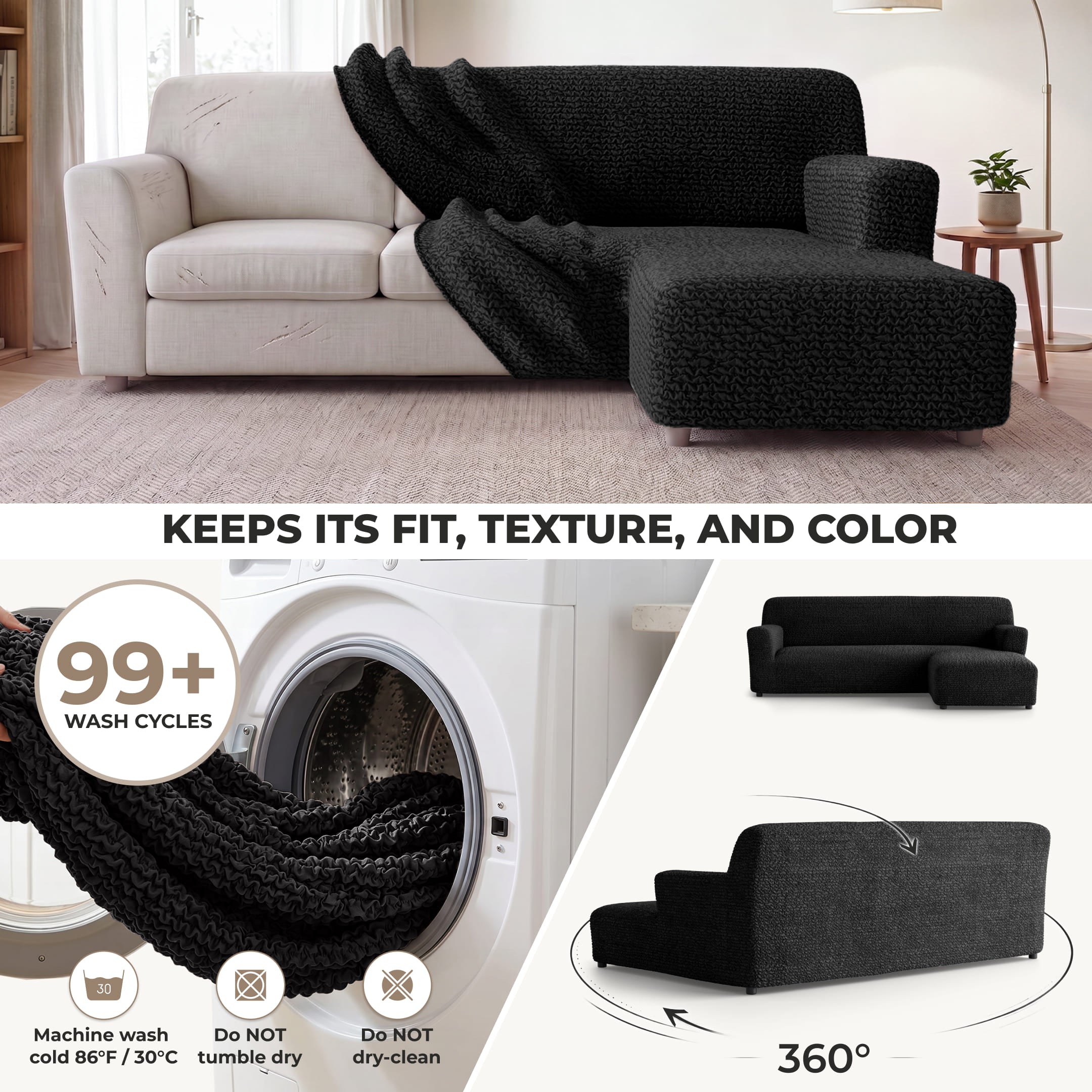 L-Shaped Sofa Slipcover (Right Chaise), Comfort Collection – Black, color swatch | Black