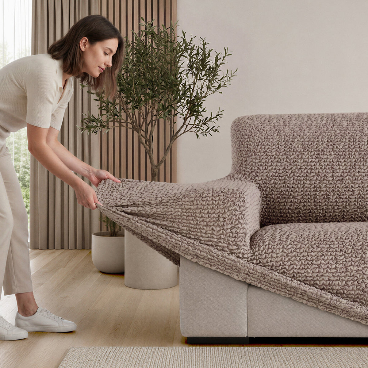 Chaise Lounge Slipcover, Comfort Collection – Soft Taupe, installation view | Soft Taupe
