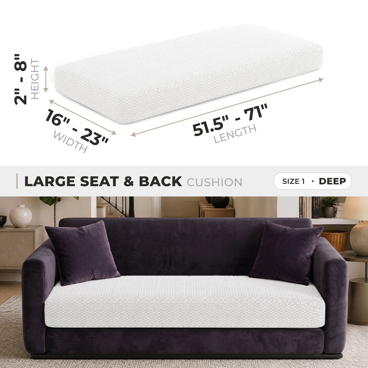 Sofa Cushion Cover (Deep), Comfy Seat Collection – Crisp White, size guide | Crisp White