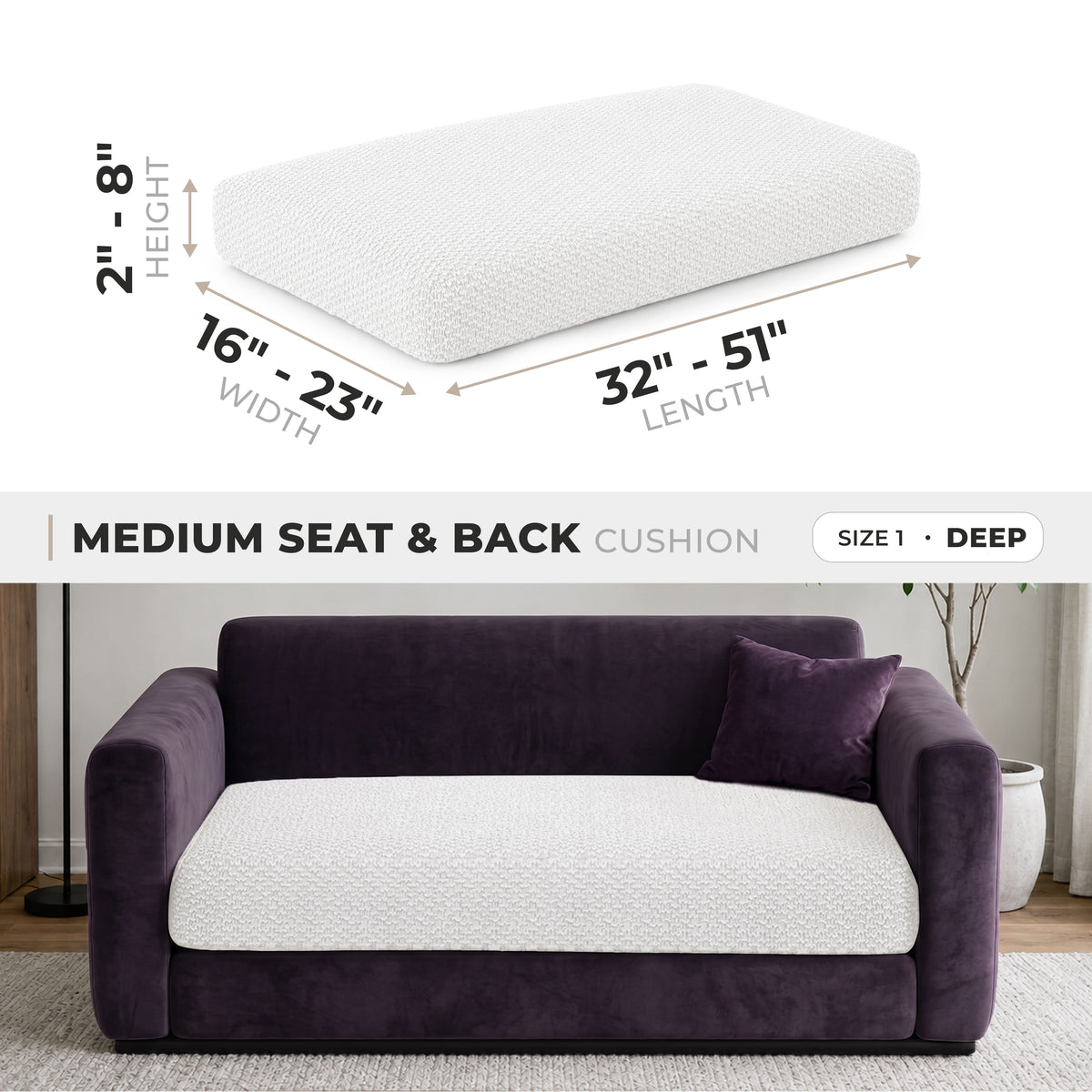 Loveseat Cushion Cover (Deep), Comfy Seat Collection – Crisp White, size guide | Crisp White