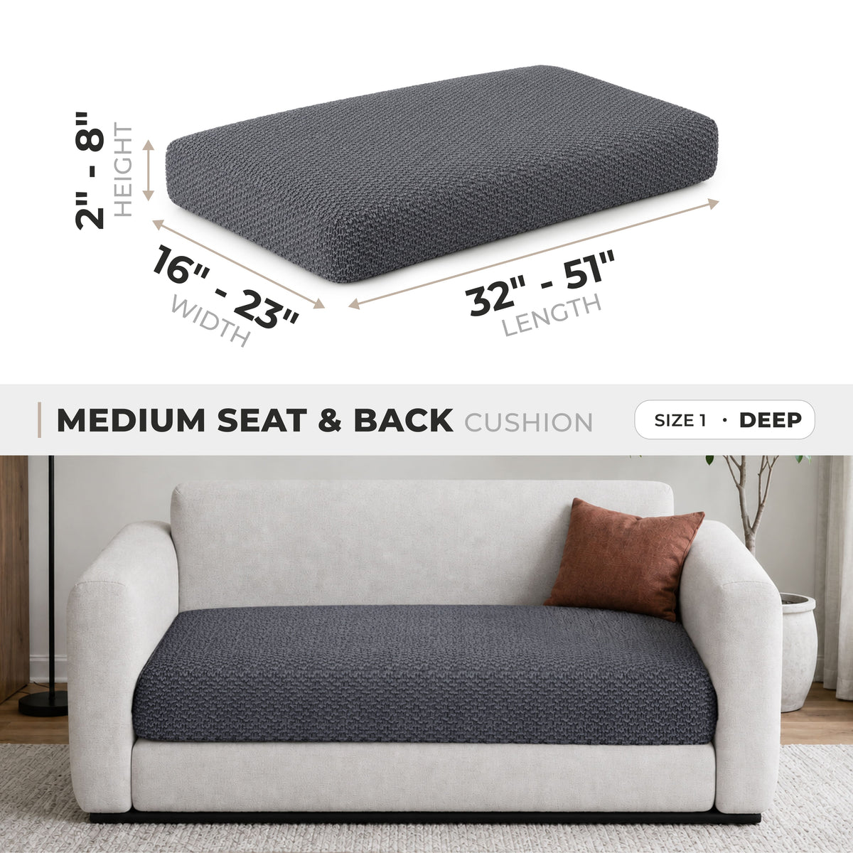 Loveseat Cushion Cover (Deep), Comfy Seat Collection – Dark Grey, size guide | Dark Grey