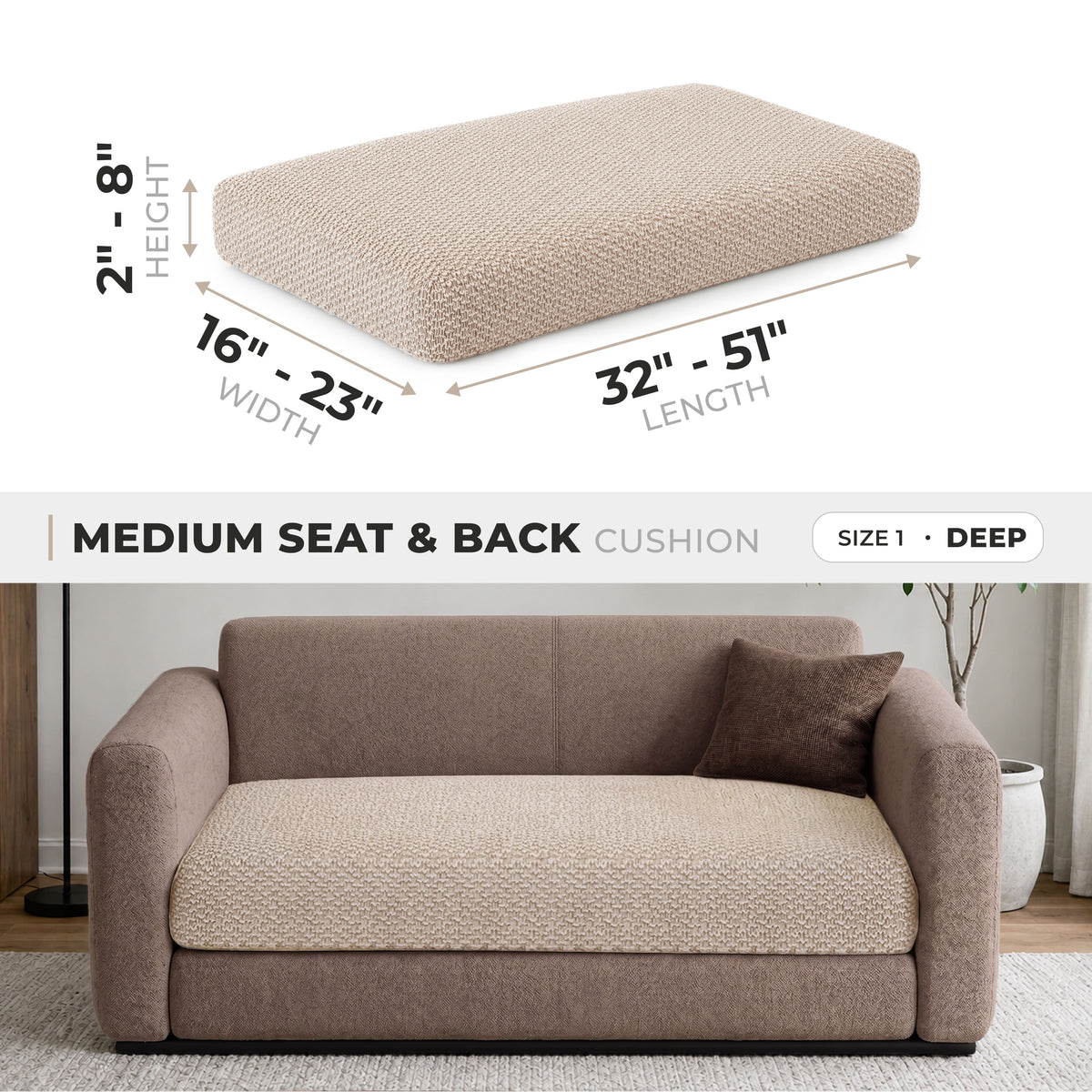Loveseat Cushion Cover (Deep), Comfy Seat Collection – Macadamia, size guide | Macadamia