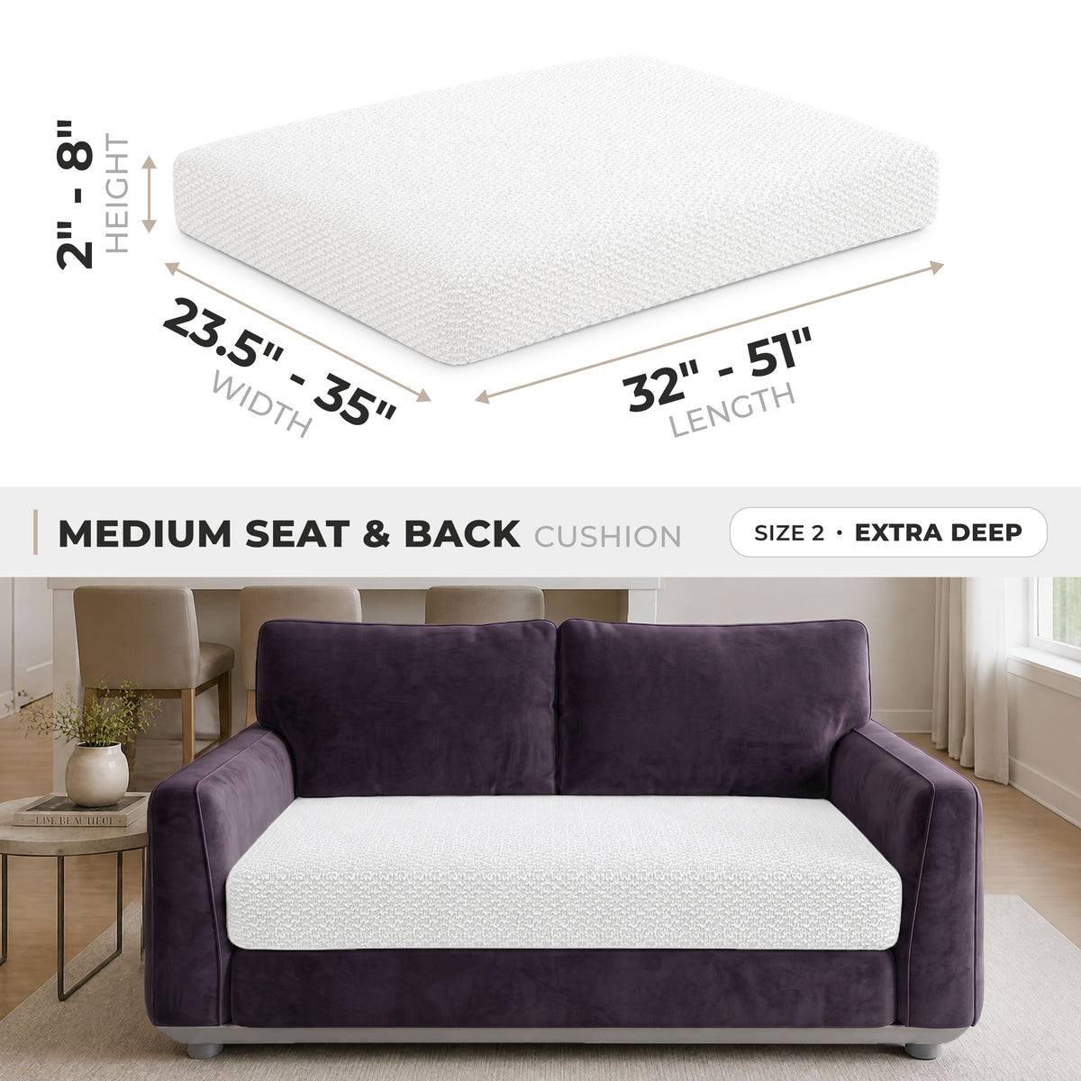 Loveseat Cushion Cover (Extra Deep), Comfy Seat Collection – Crisp White, size guide | Crisp White