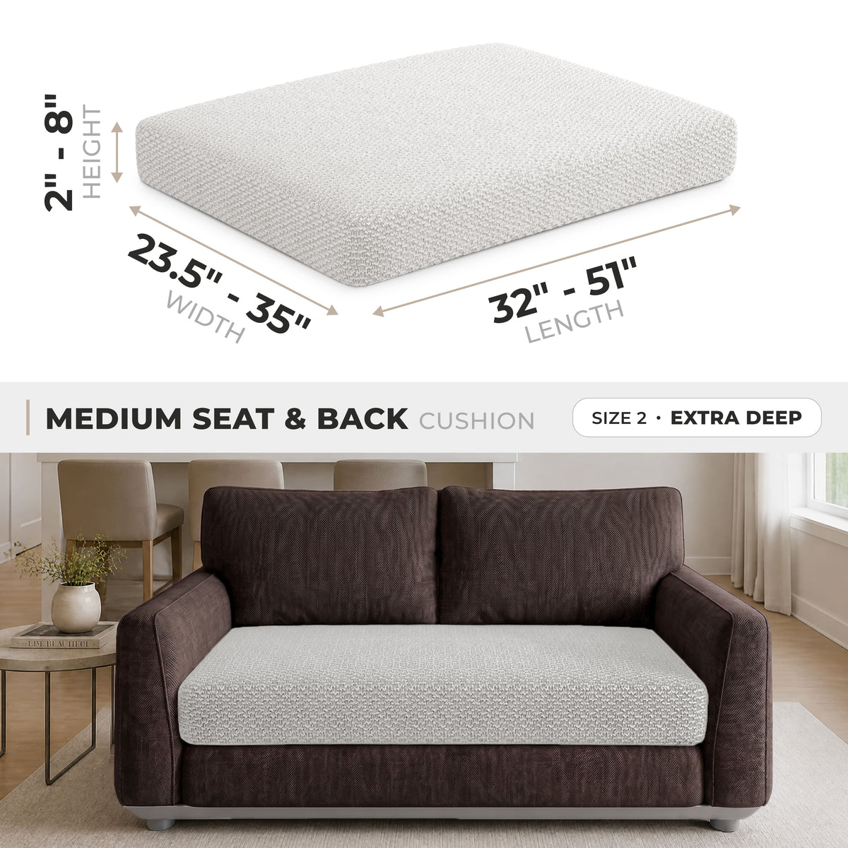 Loveseat Cushion Cover (Extra Deep), Comfy Seat Collection – Light Grey, size guide | Light Grey