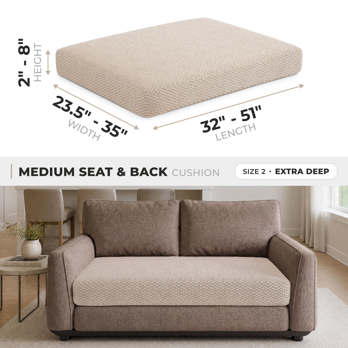 Loveseat Cushion Cover (Extra Deep), Comfy Seat Collection – Macadamia, size guide | Macadamia