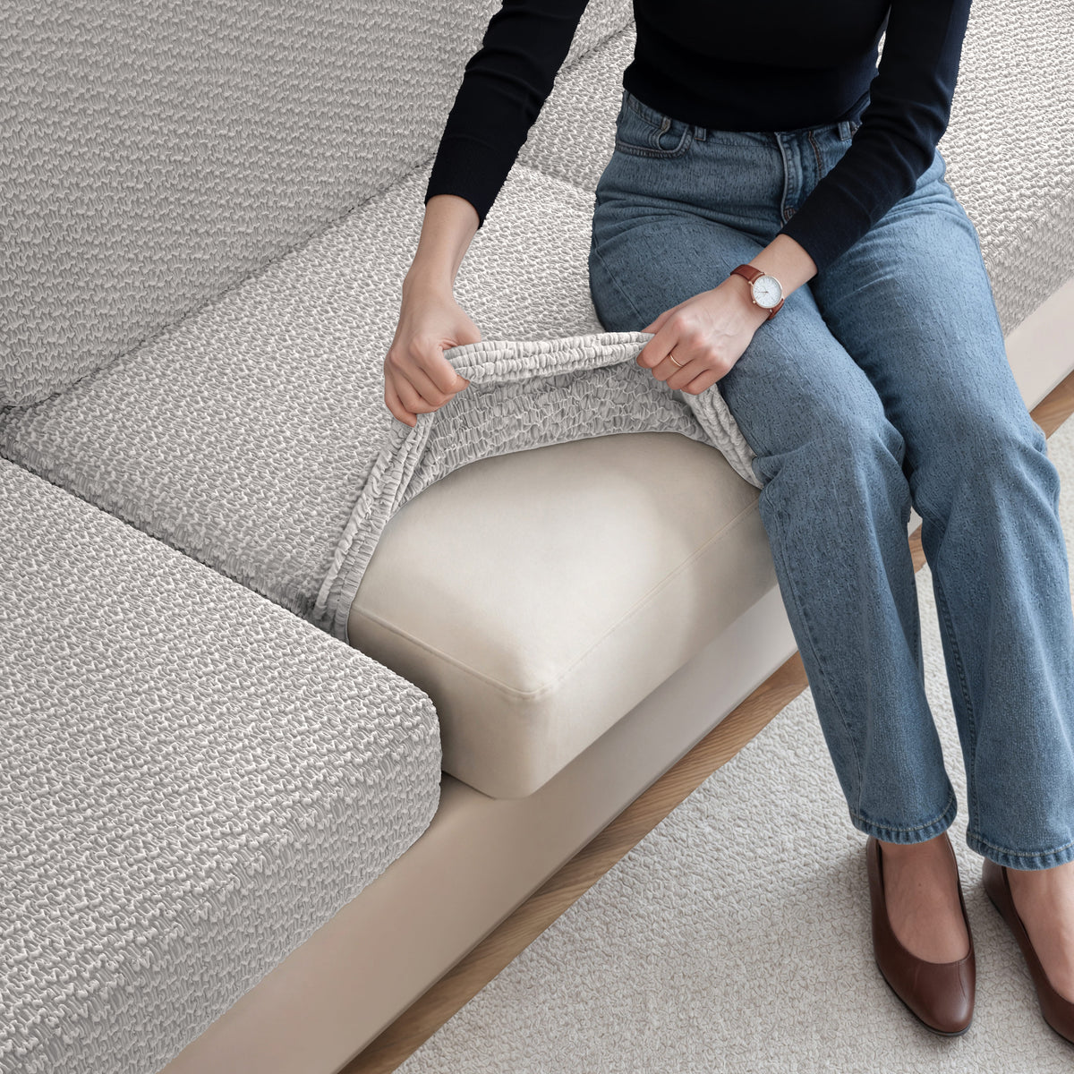 Deep Large Cushion Cover, Comfy Seat Collection – Light Grey, stretch view | Light Grey