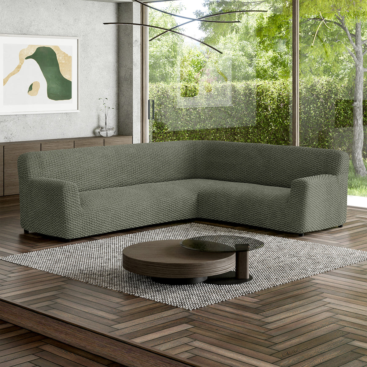 Corner Sofa Slipcover, Embrace Collection – Moss Green, interior view 1 | Moss Green