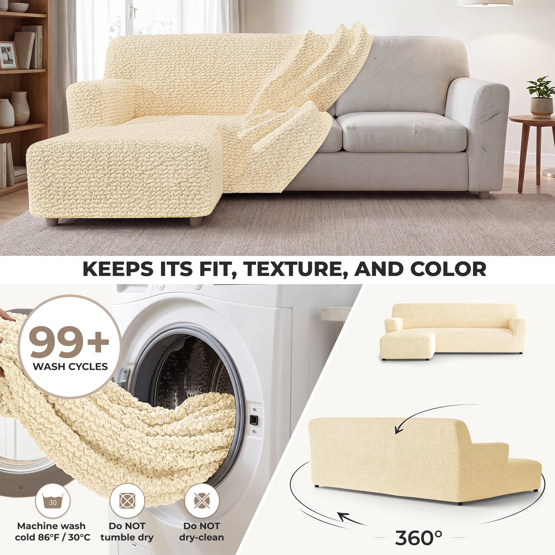 L-Shaped Sofa Slipcover (Left Chaise), Comfort Collection – Cream, color swatch | Cream