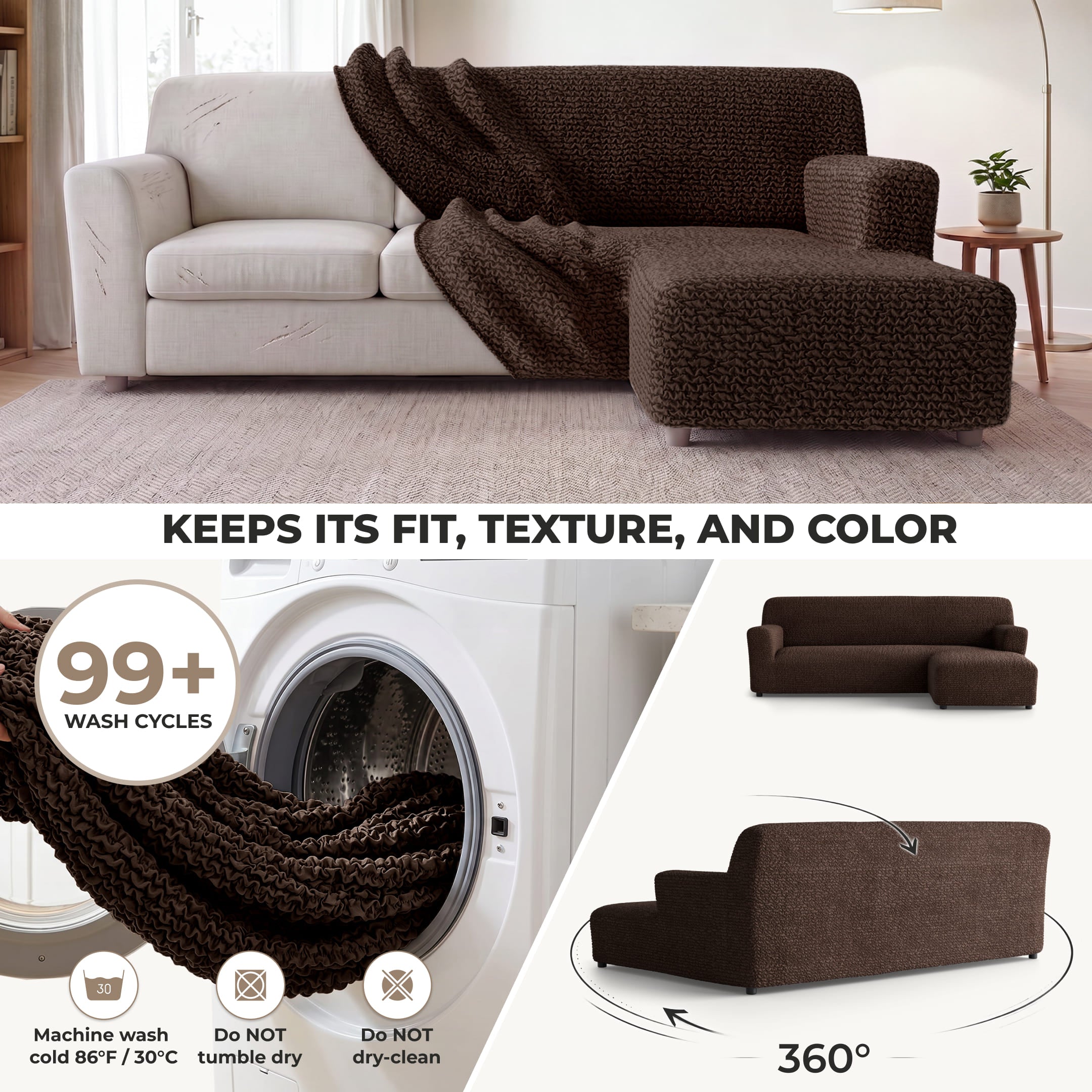 L-Shaped Sofa Slipcover (Right Chaise), Comfort Collection – Dark Brown, side view | Dark Brown