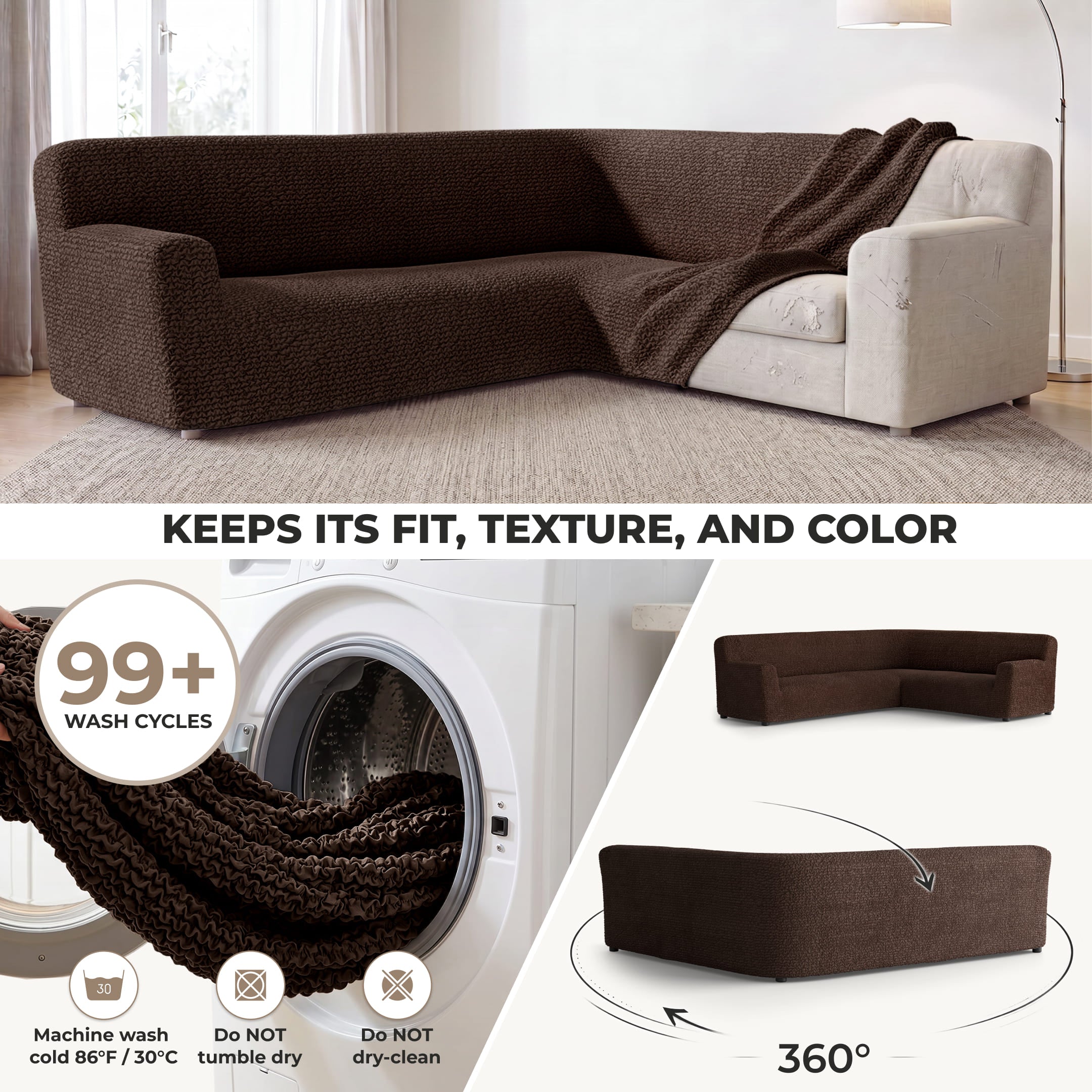 Corner Sofa Slipcover, Comfort Collection – Dark Brown, side view | Dark Brown