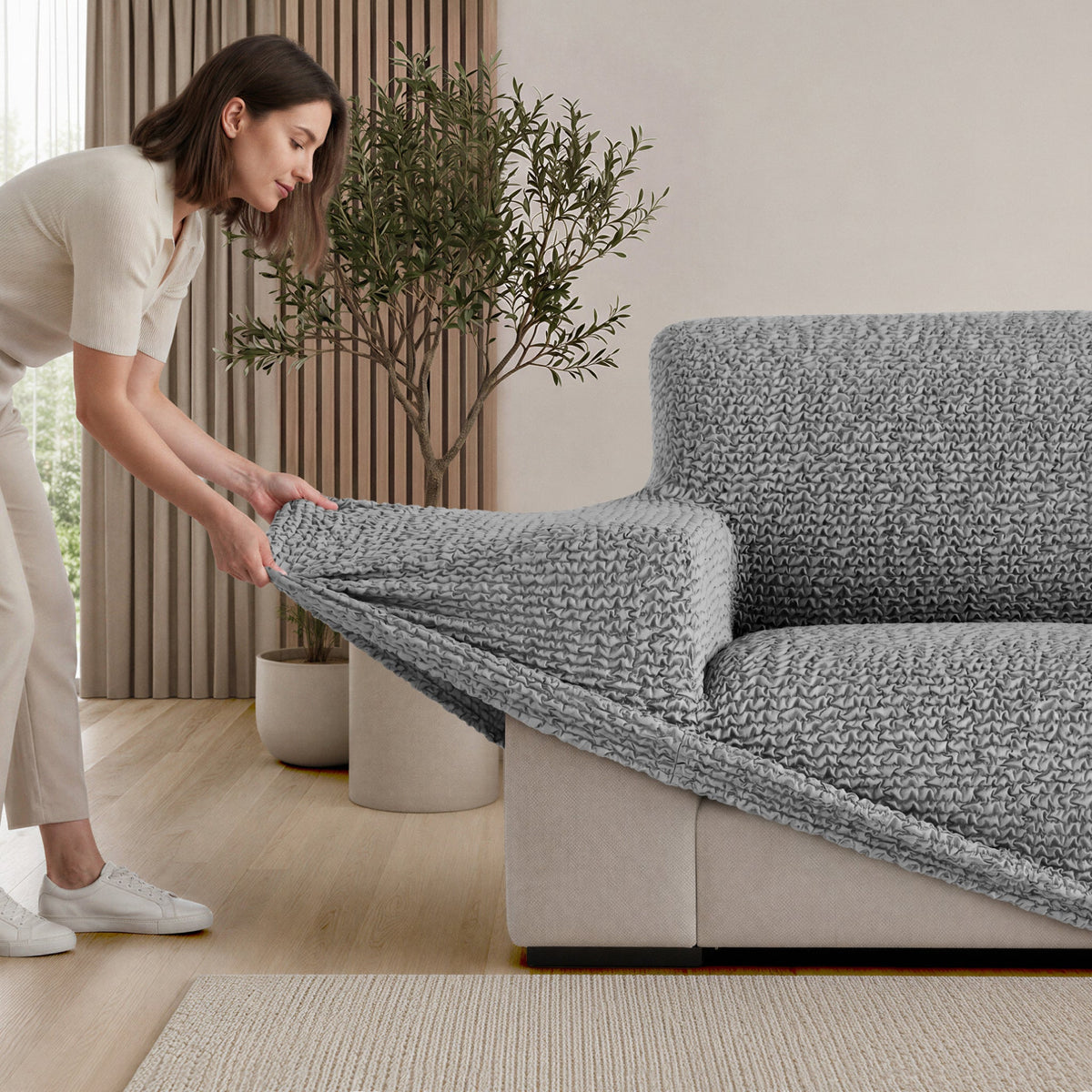 L-Shaped Sofa Slipcover (Left Chaise), Comfort Collection – Ash, installation view | Ash