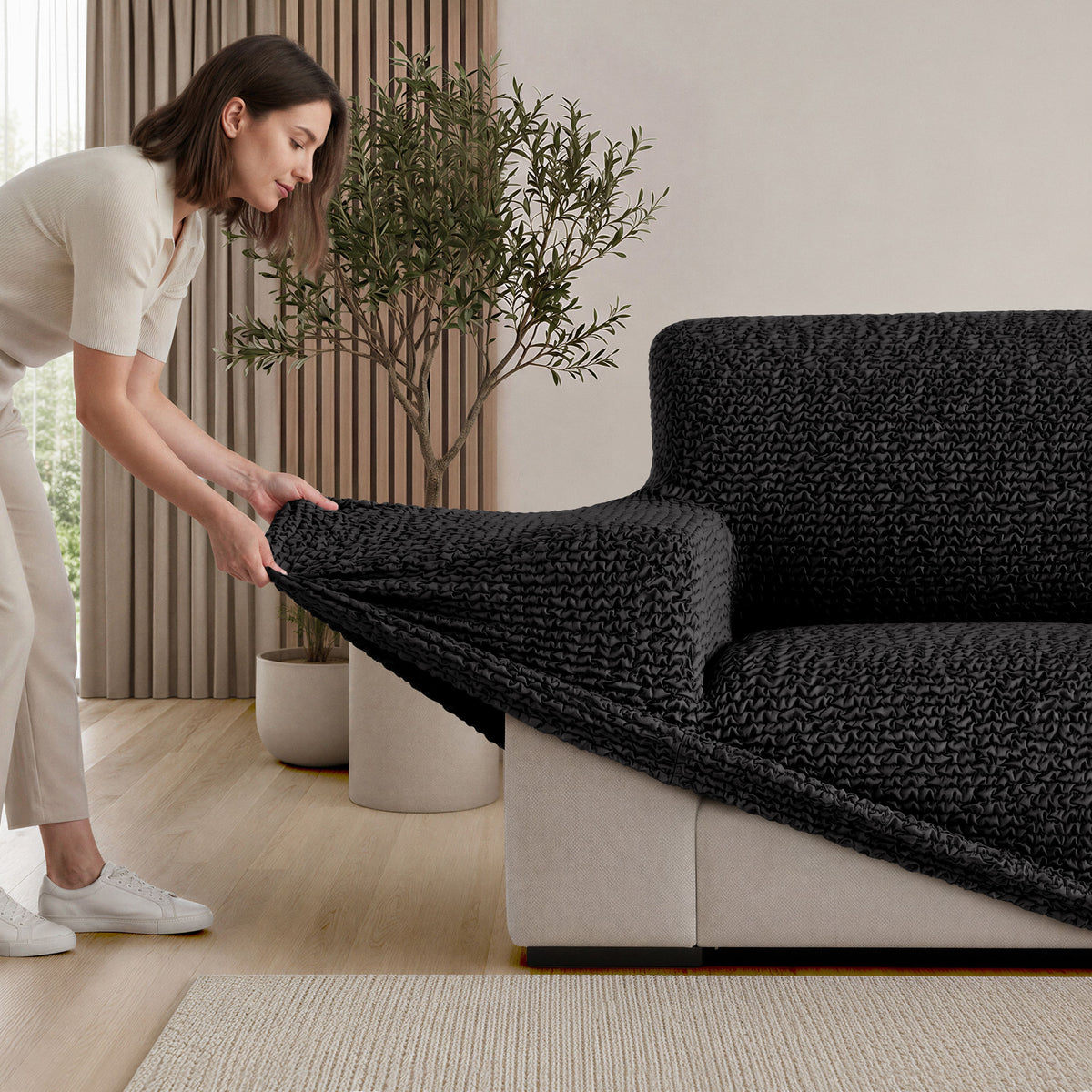 L-Shaped Sofa Slipcover (Left Chaise), Comfort Collection – Black, installation view | Black