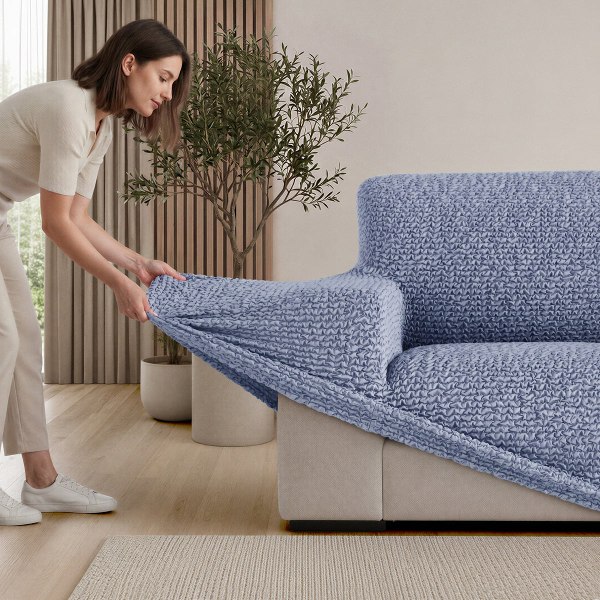 L-Shaped Sofa Slipcover (Left Chaise), Comfort Collection – Blue, installation view | Blue