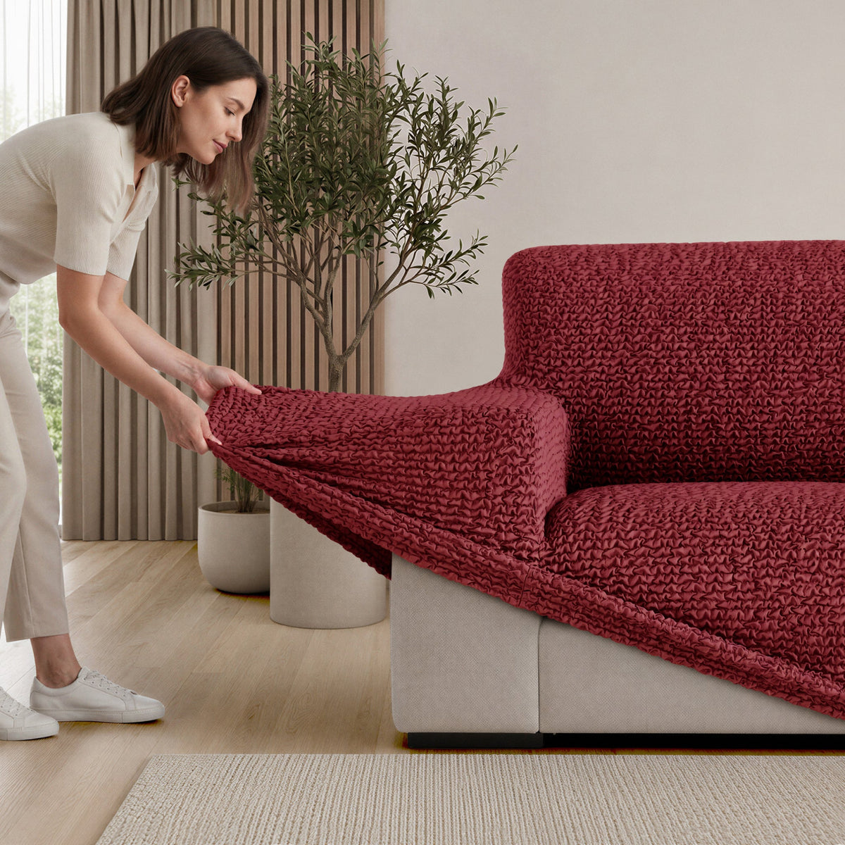 L-Shaped Sofa Slipcover (Left Chaise), Comfort Collection – Burgundy, installation view | Burgundy