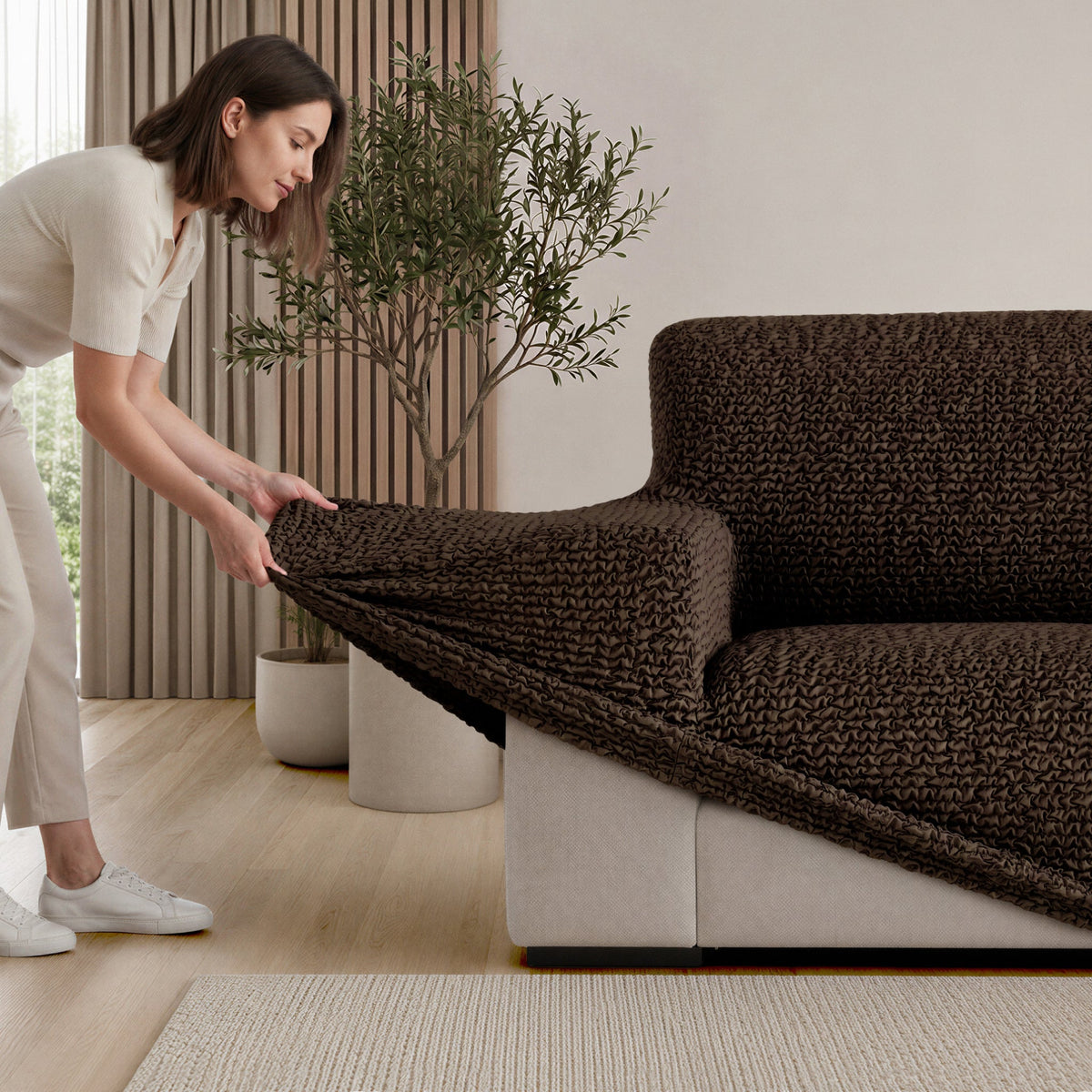 L-Shaped Sofa Slipcover (Left Chaise), Comfort Collection – Dark Brown, installation view | Dark Brown