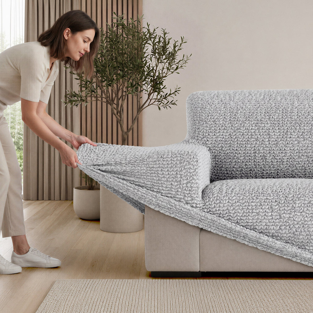 L-Shaped Sofa Slipcover (Left Chaise), Comfort Collection – Light Grey, installation view | Light Grey