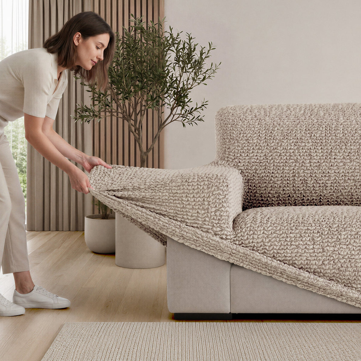 L-Shaped Sofa Slipcover (Left Chaise), Comfort Collection – Macadamia, installation view | Macadamia