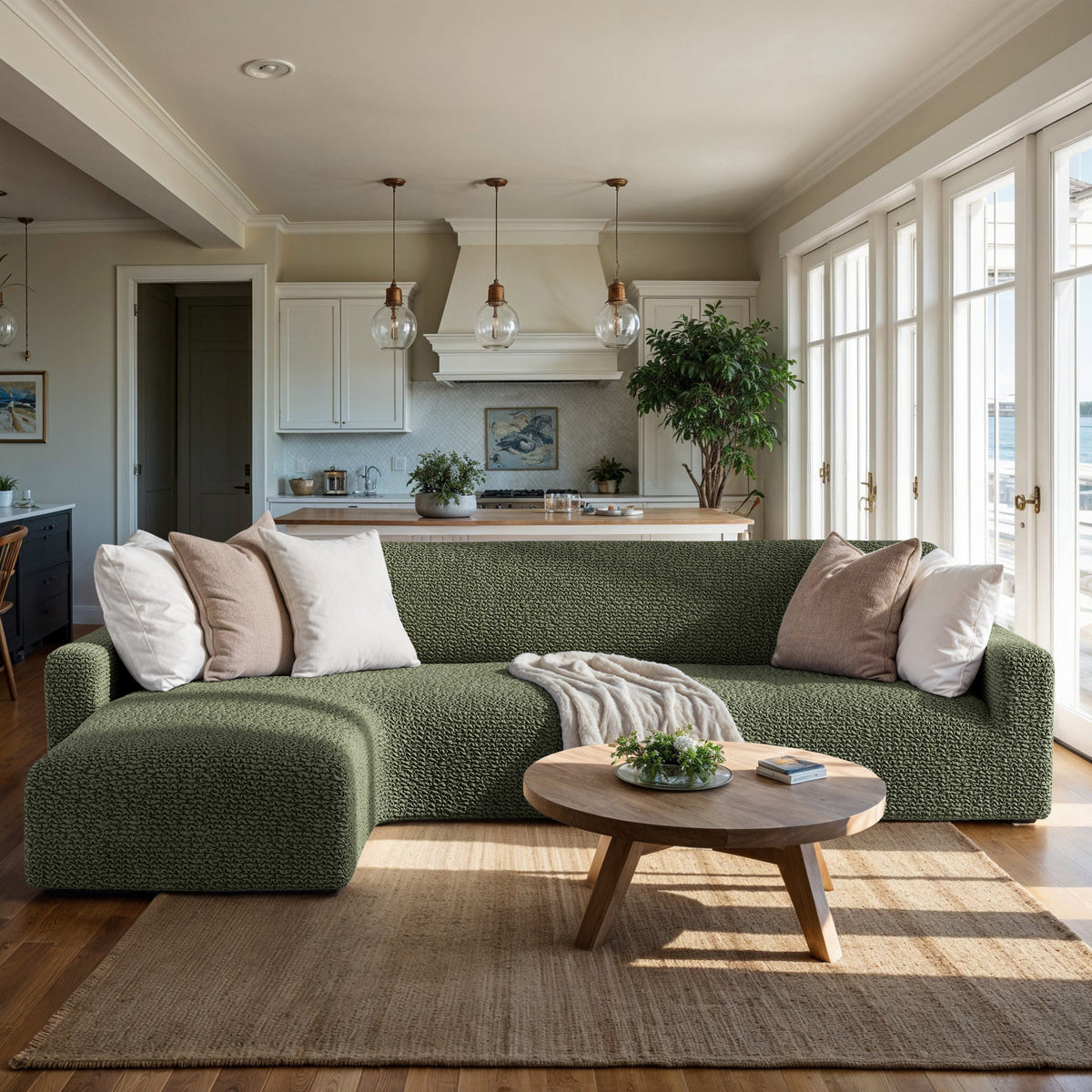 L-Shaped Sofa Slipcover (Left Chaise), Comfort Collection – Moss Green, interior view 1 | Moss Green