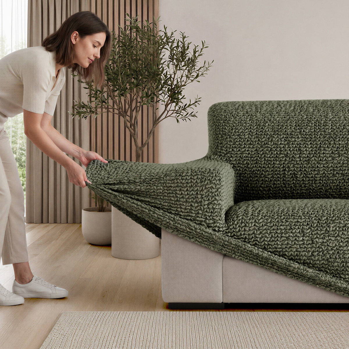 L-Shaped Sofa Slipcover (Left Chaise), Comfort Collection – Moss Green, installation view | Moss Green