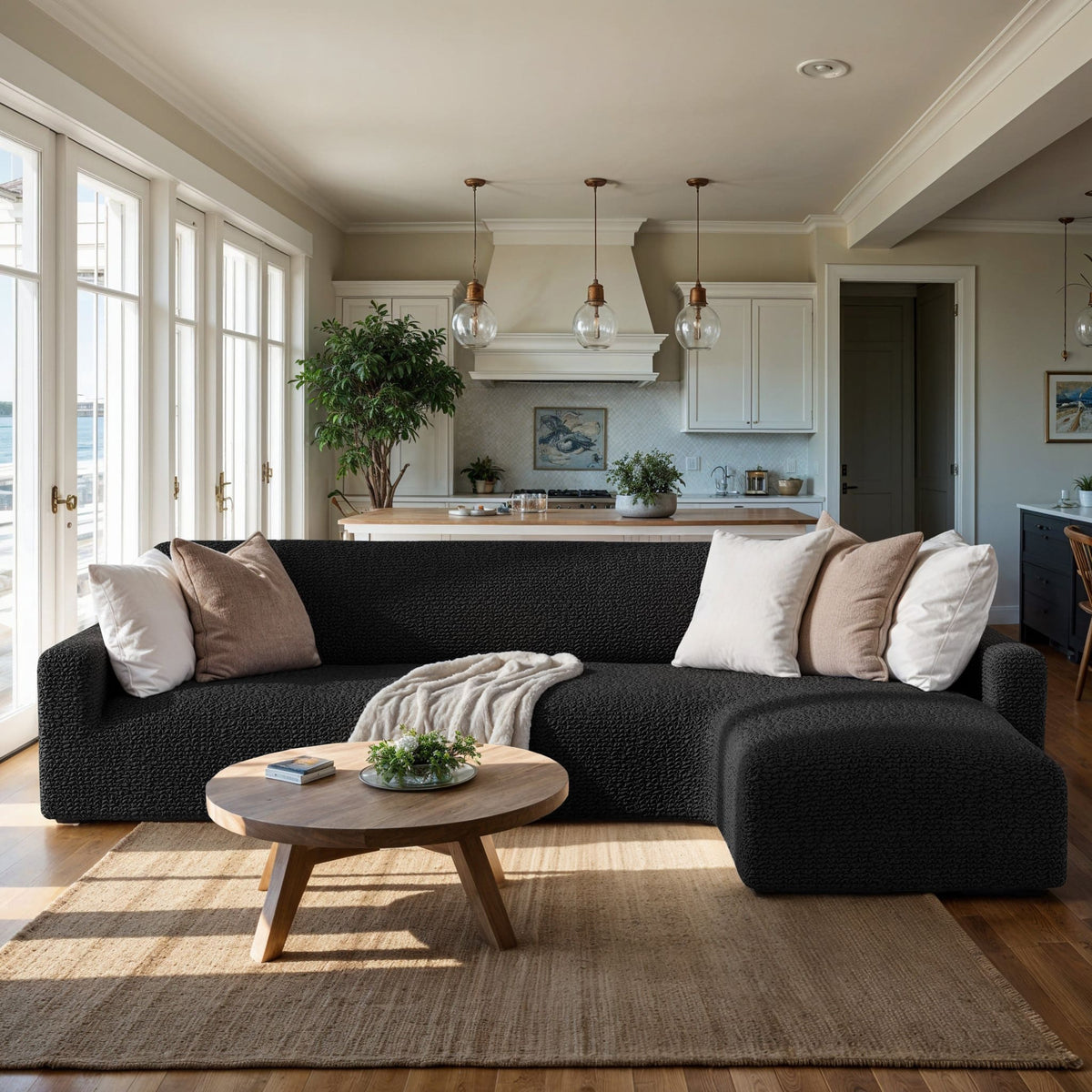 L-Shaped Sofa Slipcover (Right Chaise), Comfort Collection – Black, interior view 1 | Black