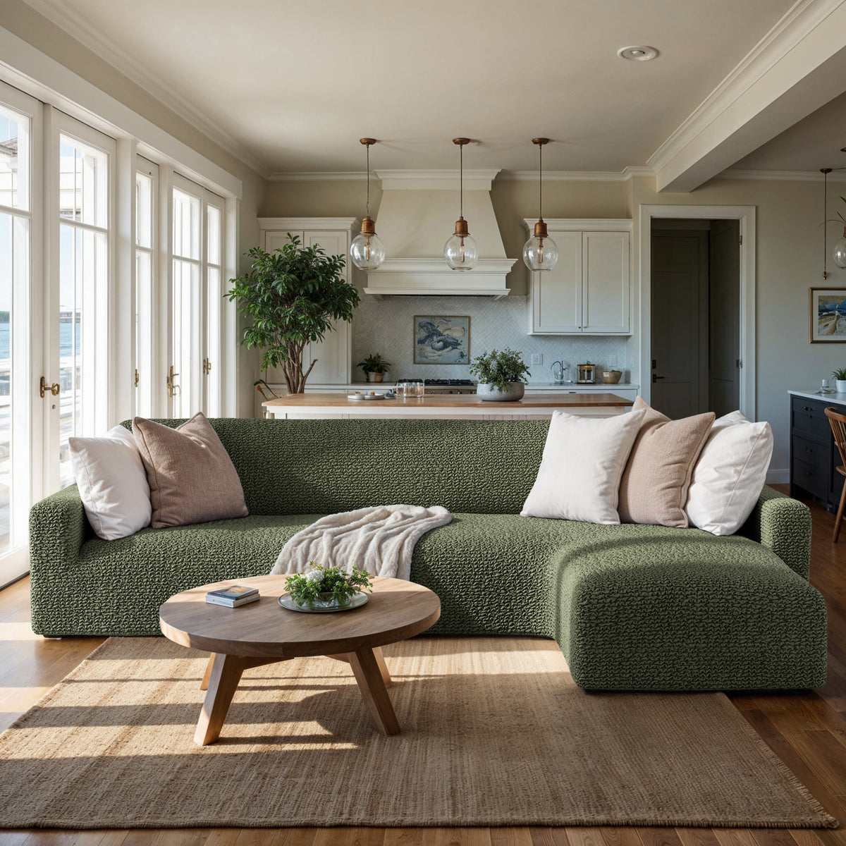L-Shaped Sofa Slipcover (Right Chaise), Comfort Collection – Moss Green, interior view 1 | Moss Green